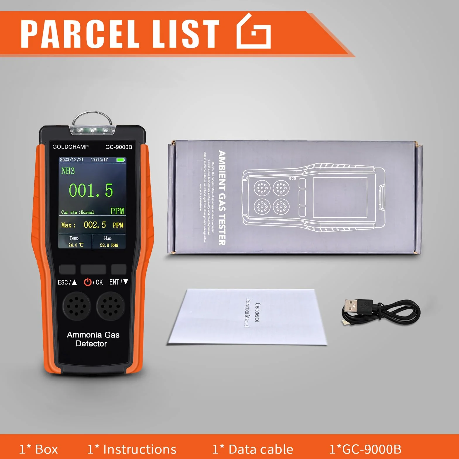 Detektor gazu amoniaku GC-9000B 3 w 1 0~100 PPM NH czujnik temperatury wilgotności
