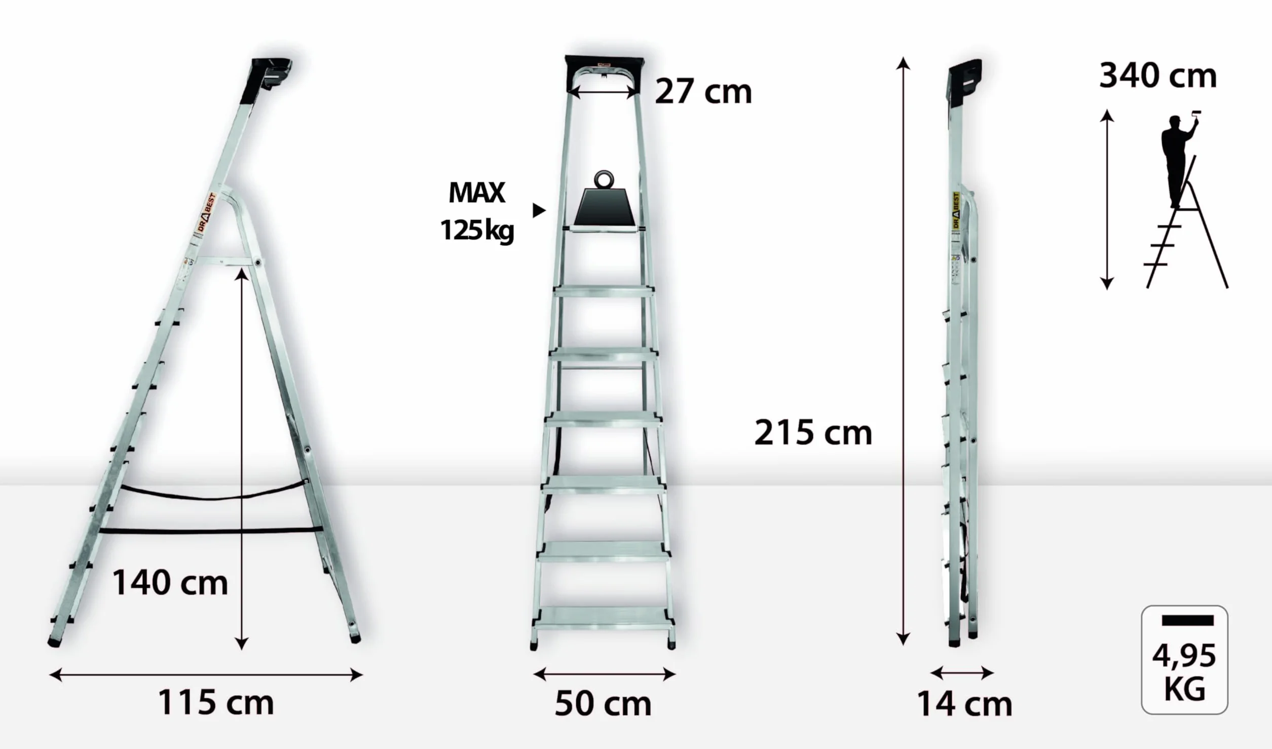 Drabina domowa 7 stopni - wysokość robocza 3,40 m - drabina składana aluminiowa z półką i platformą 25x26 cm, antypoślizgowe stopki, maks. 125 kg