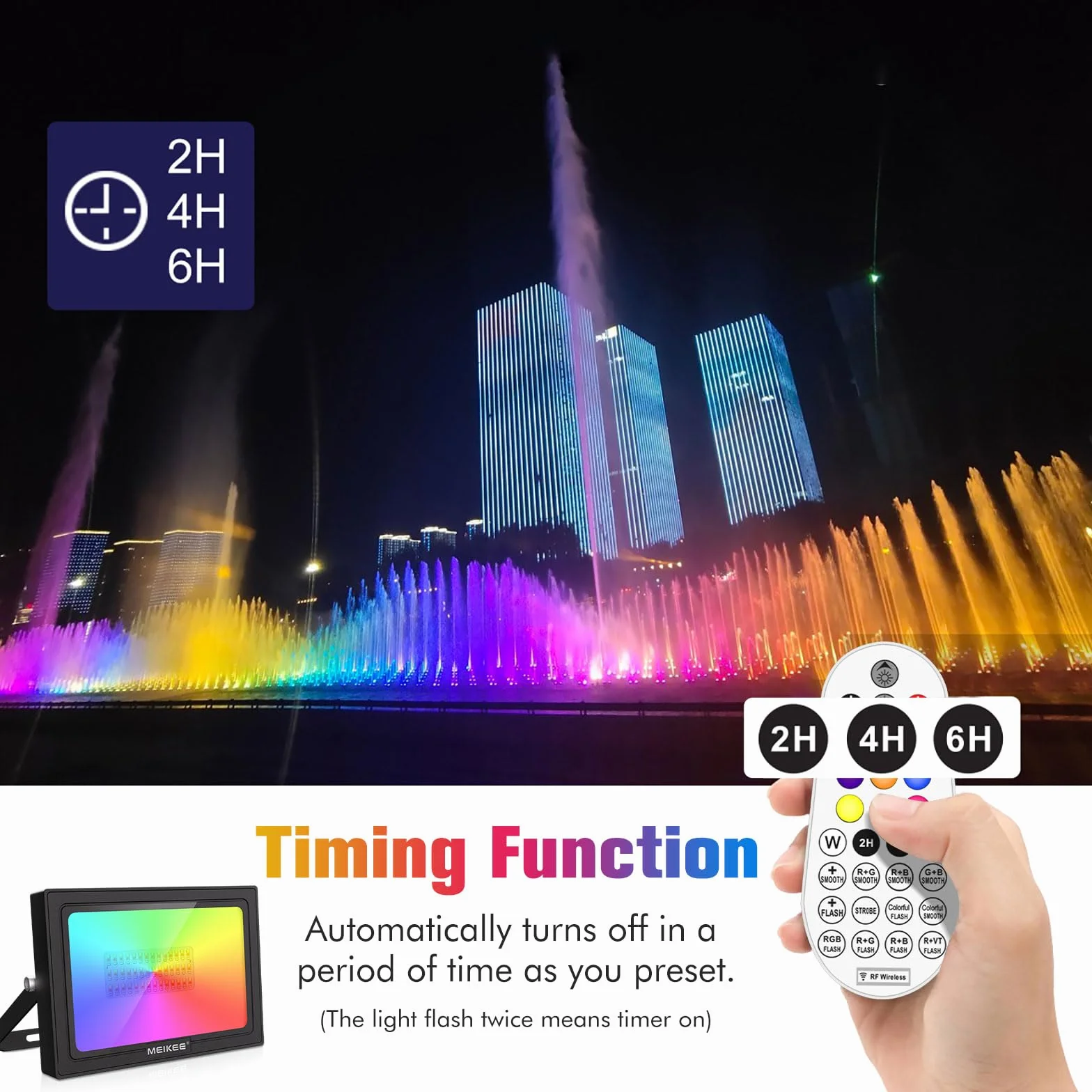 MEIKEE Zewnętrzny projektor LED RGB 60 W, 10 kolorów 12 trybów z pilotem, IP66