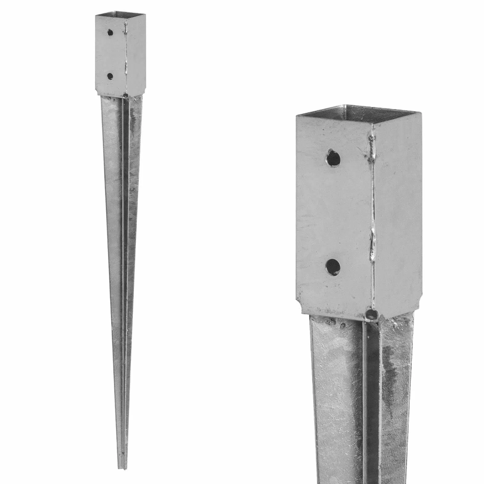 ADGO Podstawa Słupa Kwadratowa Wbijana Wspornik Kotwa 70 x 70 x 750 mm, Blacha Metalowa Ocynkowana Srebrna Antykorozyjna, 1 sztuka