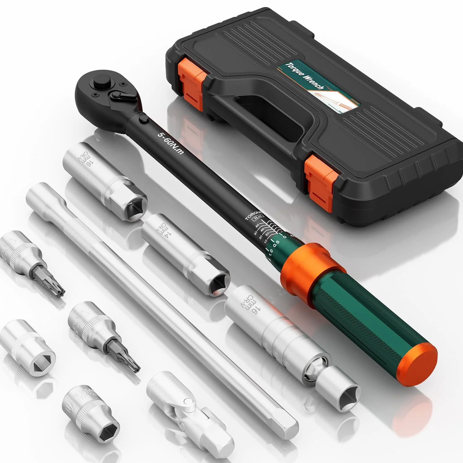 Klucz dynamometryczny 3/8" 5-60 Nm 72 zęby 10-częściowy zestaw z przedłużeniem 250 mm