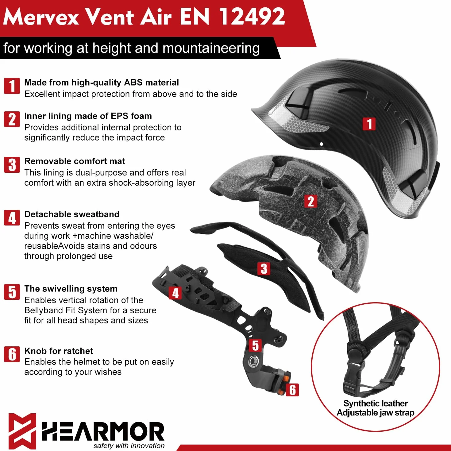 HEARMOR Kask budowlany z wizjerem, kask budowlany dla dorosłych ABS, kask roboczy dla mężczyzn, EN397 i EN12492, amortyzacja uderzeń, odporność na penetrację, wizjer, przezroczysty lub przydymiony