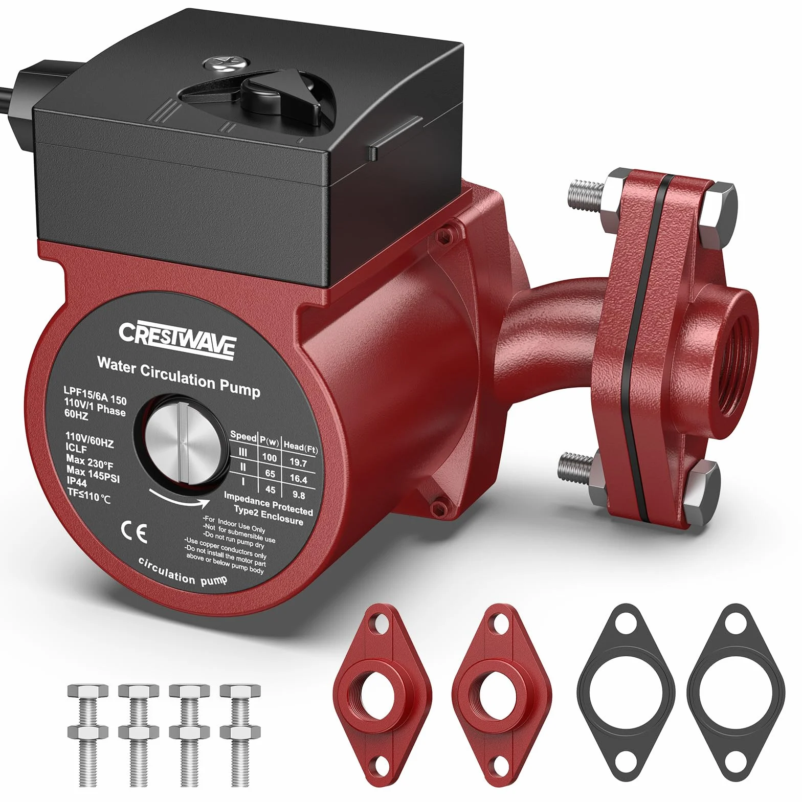 CrestWave 110V czerwona pompa obiegowa 3-biegowa z zaciskami FNPT 3/4" do kotła