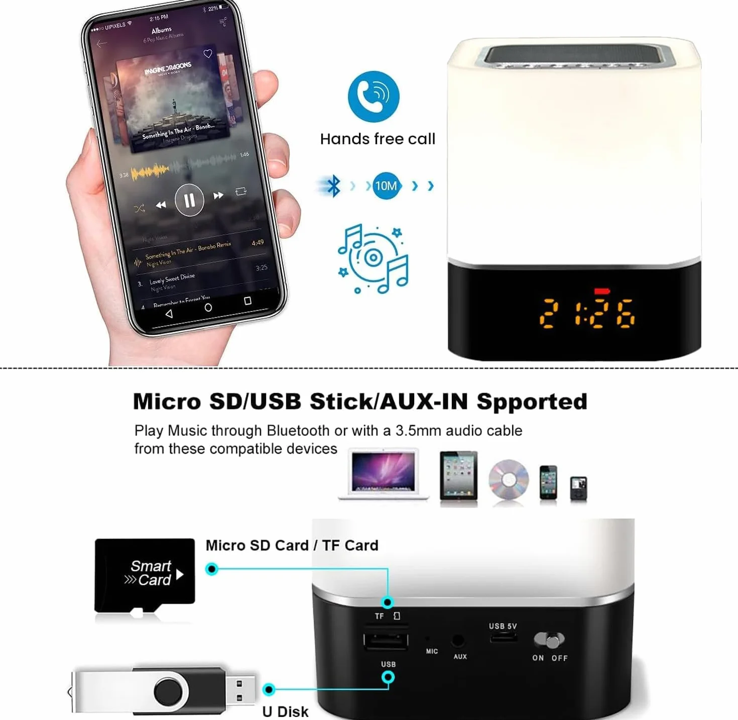 Głośnik Bluetooth ze światłem 5 w 1, lampka nocna dotykowa ściemniana, budzik, zmiana kolorów, przenośny głośnik, lampa stołowa