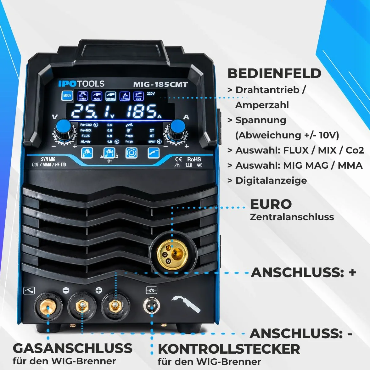 Spawarka kombinowana MIG-185CMT 7 w 1 WIG MIG MAG z przecinarką plazmową 45 A Synergic Inverter 185 A Flux MMA 230 V