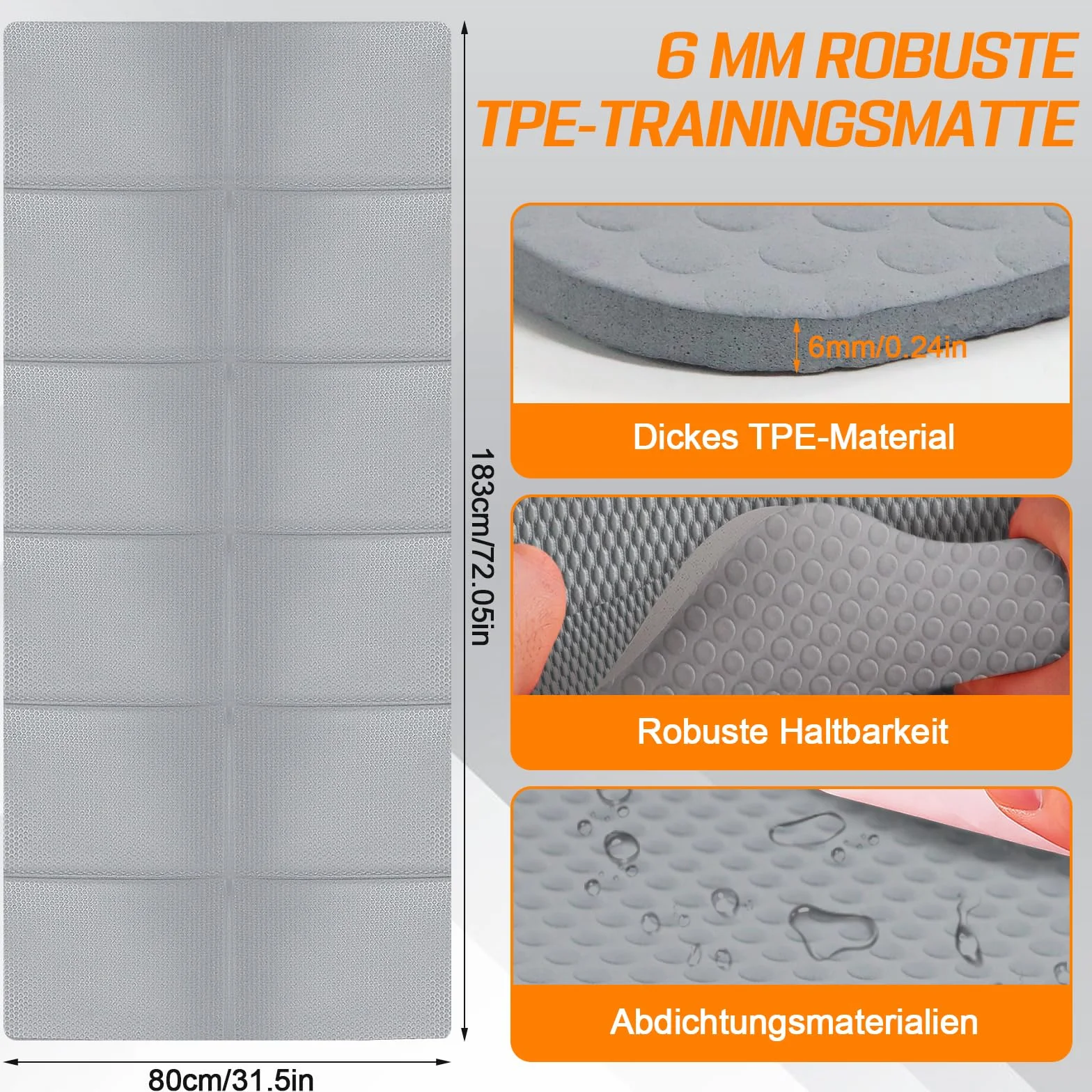 Mata ochronna na podłogę, sprzęt fitness, składana mata do bieżni, 183 x 80 cm, 6 mm, mata treningowa z termoplastycznego elastomeru poliestrowego, antypoślizgowa, neutralna zapachowa, amortyzująca