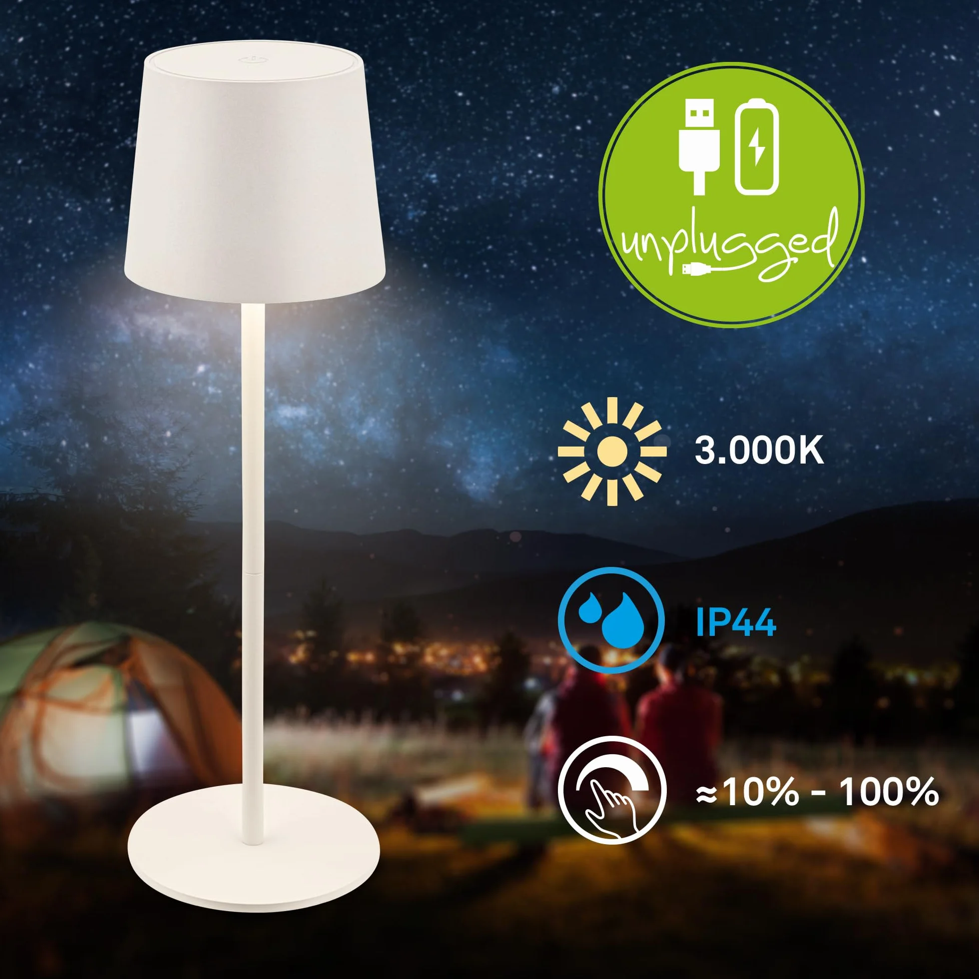 BRILONER - Lampa stołowa LED bezprzewodowa IP44 z dotykiem, ściemniana, akumulator i wymienne źródło światła, lampka nocna, lampa LED, kempingowa, akumulatorowa, 11x34,5cm, antyczna biel