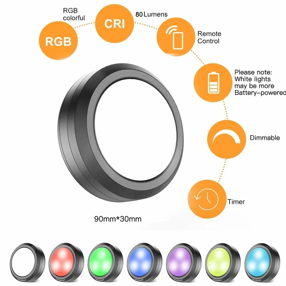 Lampy LED na baterie, 6 szt. Mini naklejka na baterie światło podszafkowe Led do schodów, szafy, szafki podszafki, kuchni, przedpokoju dziecięcego (RGB czarne)