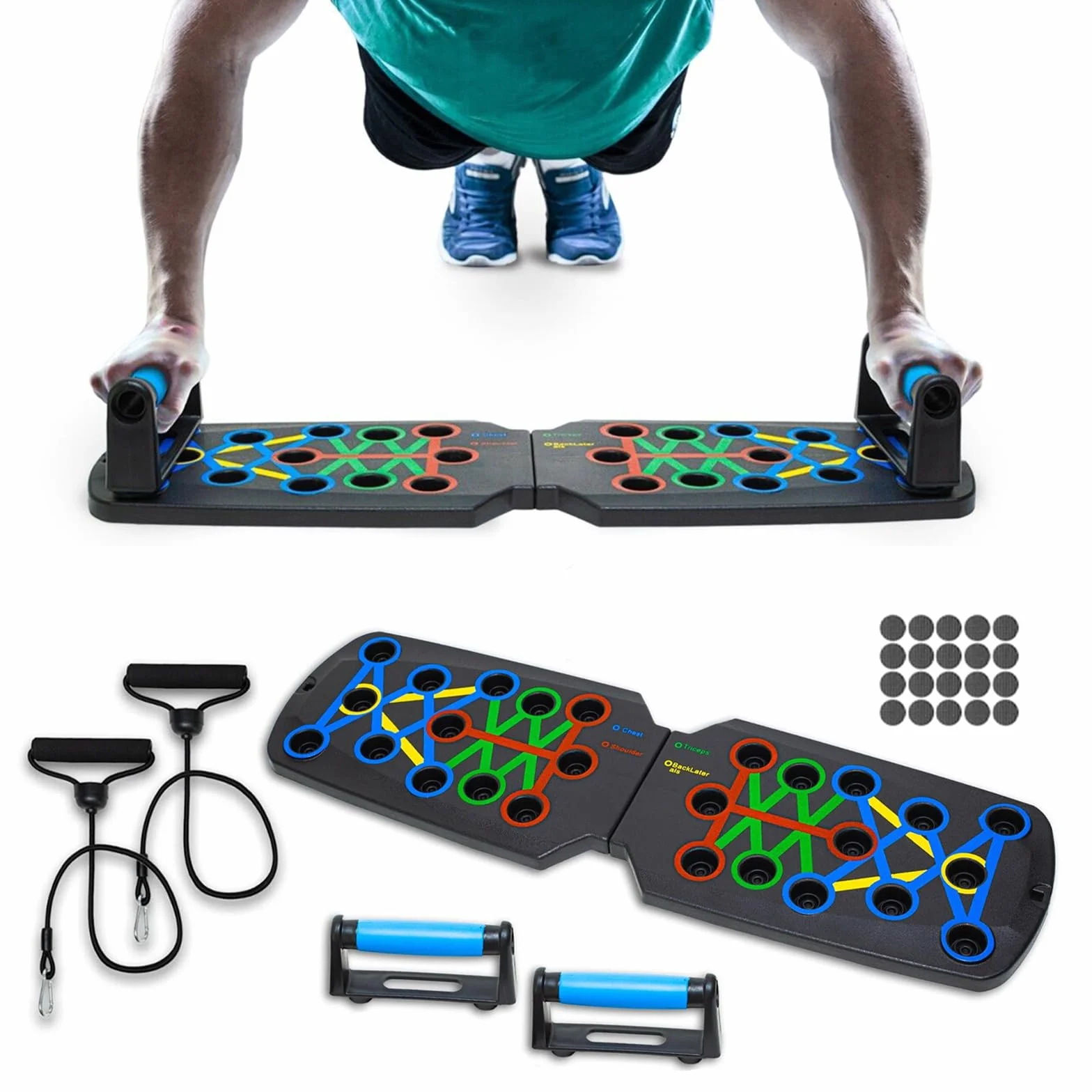 Deska push-up 14 w 1, przenośne drążki pushup dla mężczyzn, Muscle Max, składana deska do ćwiczeń w domu, antypoślizgowa, stojąca deska treningowa z taśmami oporowymi