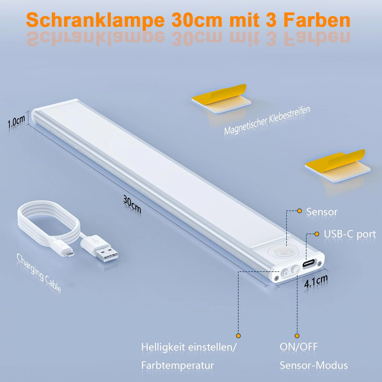 TRUMPETS 30 CM LED Light with Motion Sensor 3000mAh 3 Colors USB-C Rechargeable 108 LED Kitchen Under Cabinet