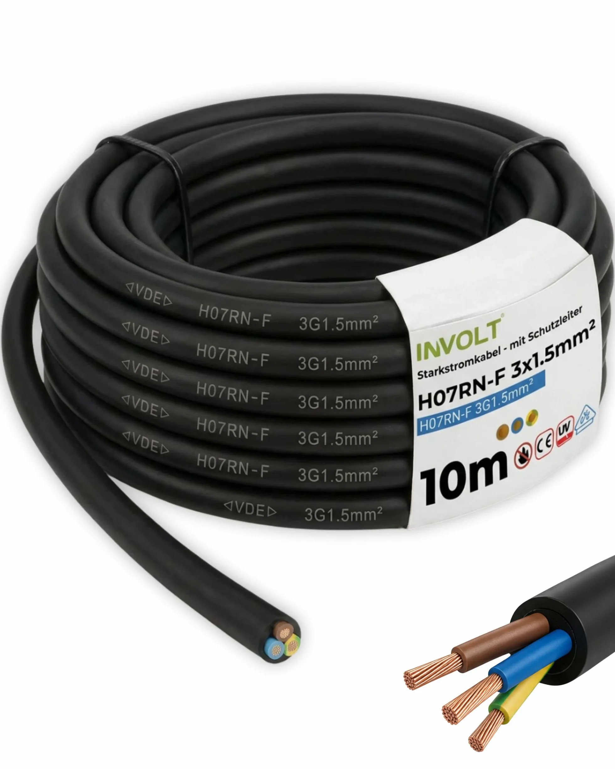 INVOLT 10 m H07RN-F 3G1,5 mm² kabel przedłużający CEE, elastyczny kabel gumowy z przewodem ochronnym, na zewnątrz, na placach budowy, certyfikat VDE