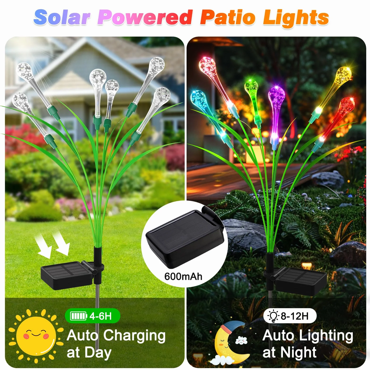 Lampy solarne do ogrodu, 2 sztuki, 6 diod LED, kolorowe lampy ogrodowe w kształcie kropli, do użytku na zewnątrz, nowe zmodernizowane, opcjonalnie tryby Swaying Light, solarne lampy ogrodowe, IP65,