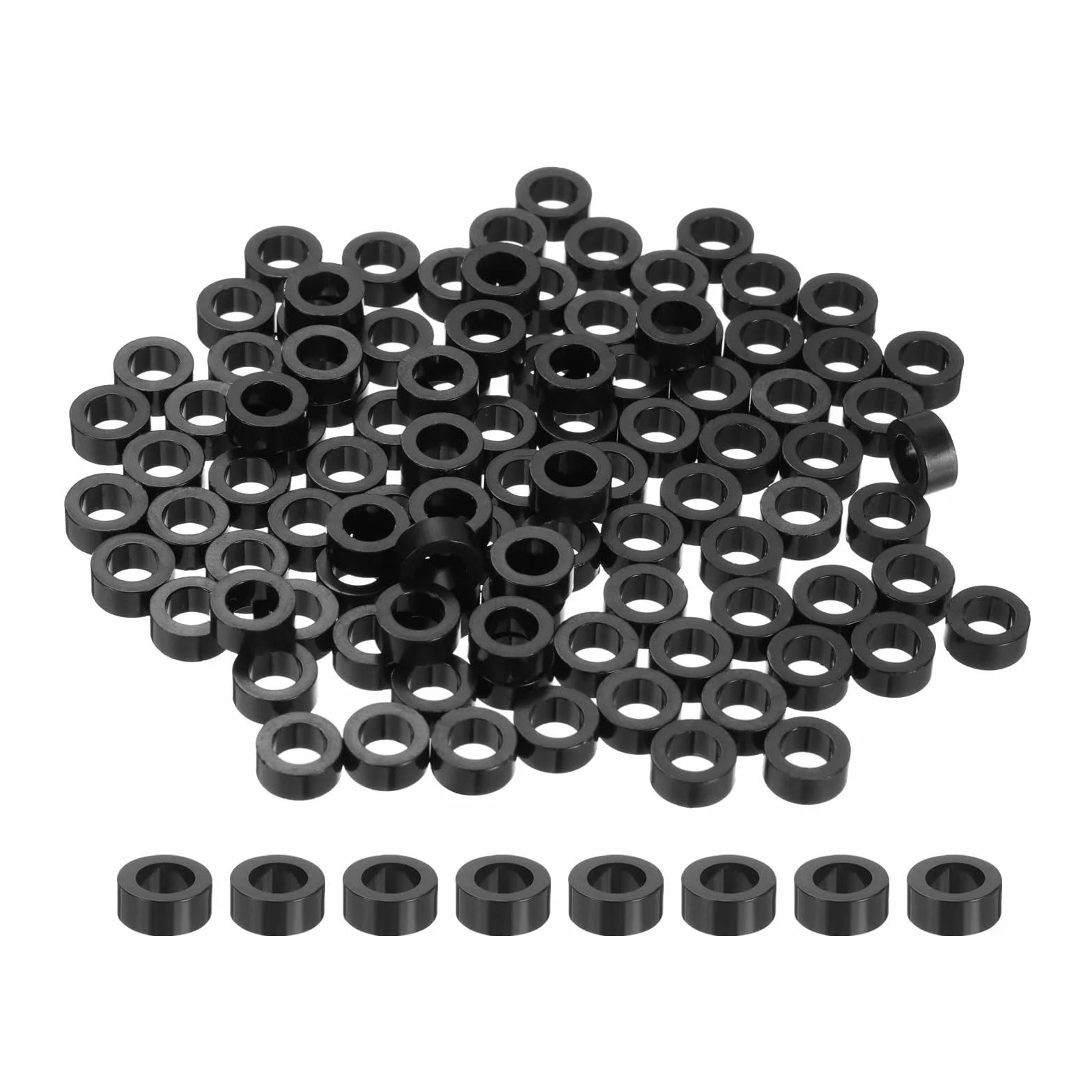 Nylonowe okrągłe podkładki dystansowe 4 mm ID 7 mm OD 3 mm wysokość do śrub M4 czarne 100 szt.
