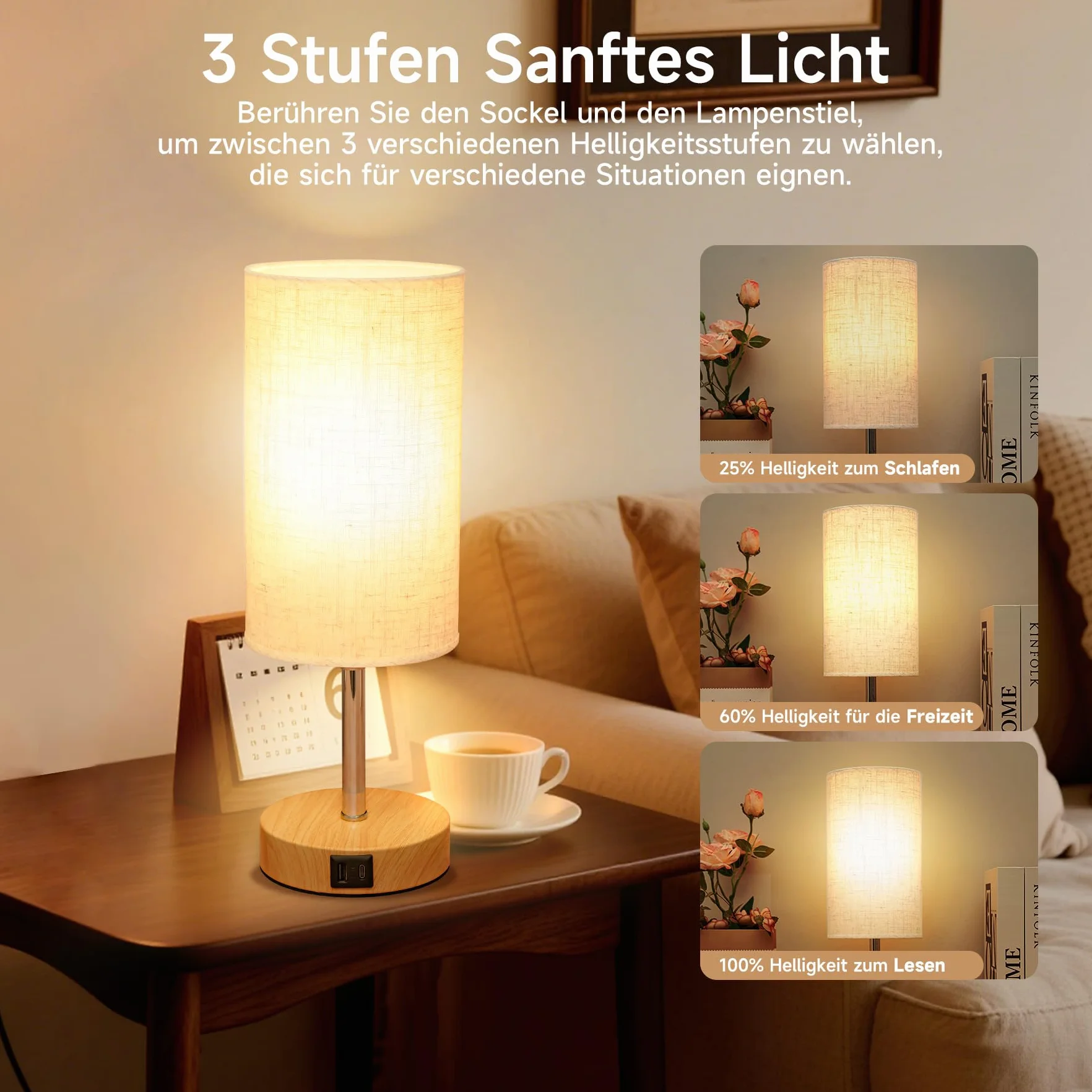 Görvitor Lampka nocna dotykowa ściemniana zestaw 2 sztuk lampa stołowa z portami USB A/C abażur lniany 3 poziomy jasności