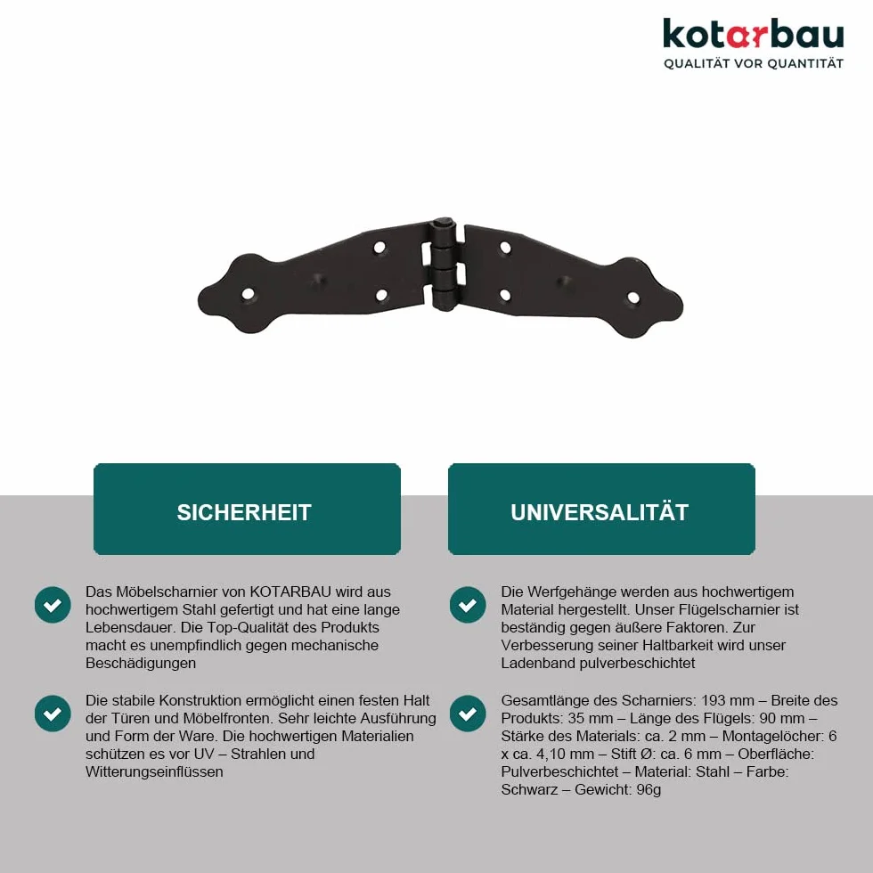 KOTARBAU® Zawias do skrzyni 190 x 35 mm Czarny powlekany proszkowo