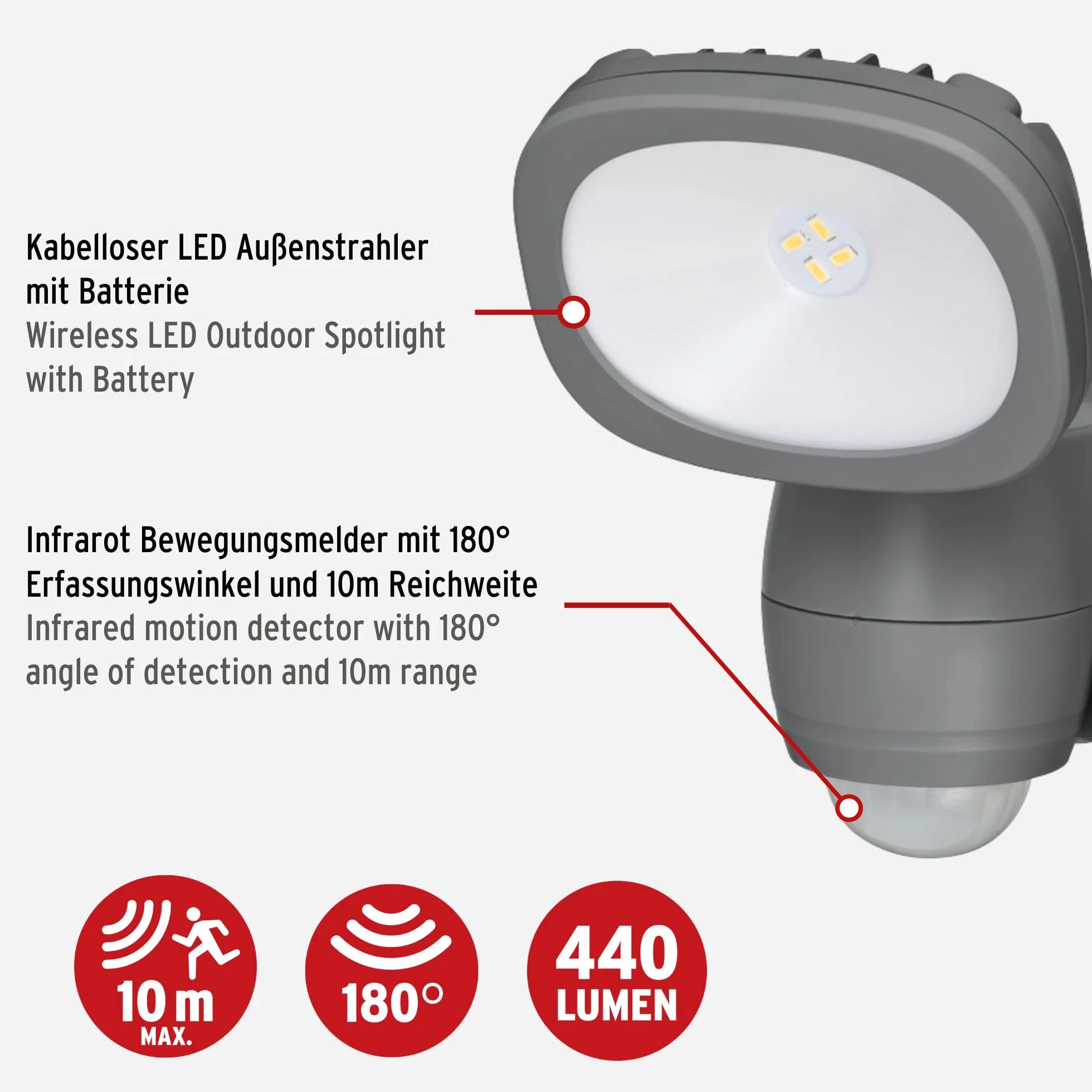 Brennenstuhl LUFOS Reflektor LED z bateriami Kinkiet Zewnętrzny z czujnikiem ruchu 440 lumenów IP44