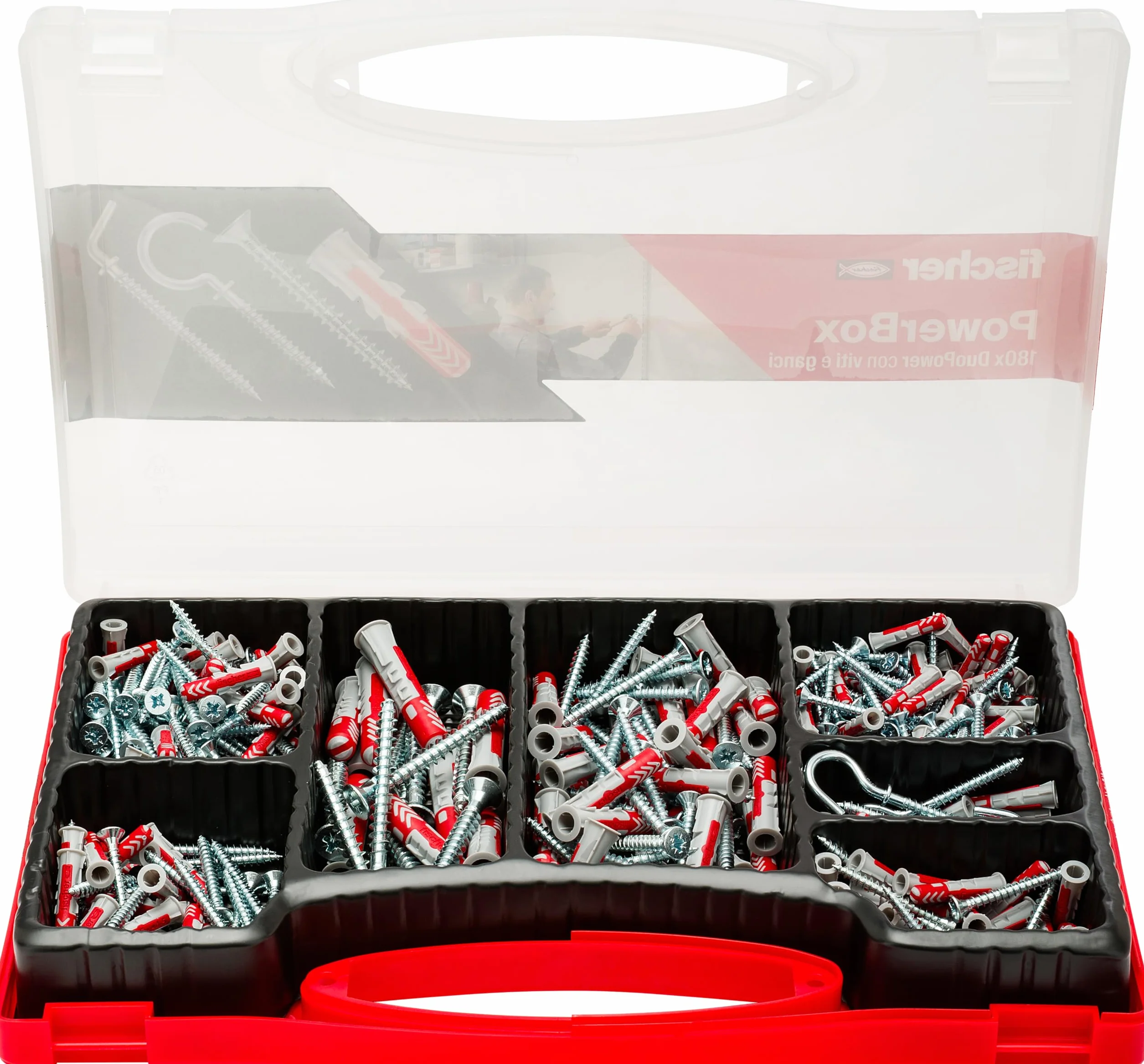 Fischer PowerBox 180 kołków DuoPower ze śrubami i hakami, do pełnej ściany, perforowanej i suchej zabudowy, 360 szt