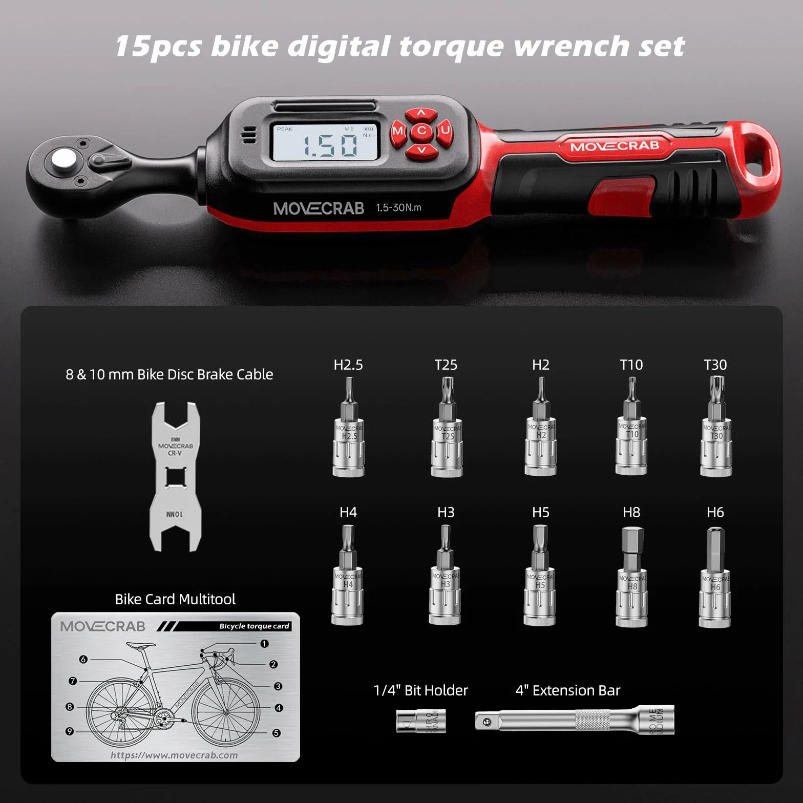 Cyfrowy klucz dynamometryczny 1/4" 1,5–30 Nm do rowerów MTB i szosowych 15 sztuk