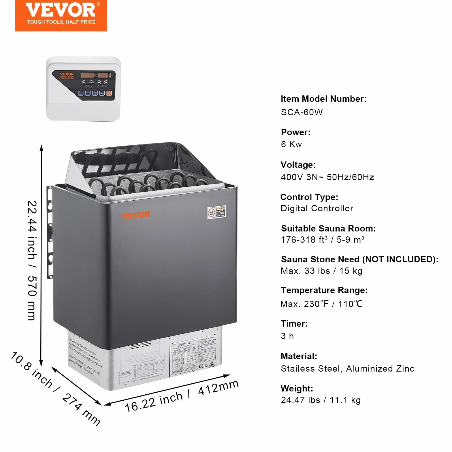 VEVOR Przenośny elektryczny podgrzewacz do sauny 6 kW 400 V 3N cyfrowy kontroler 5-9 m³ czarny