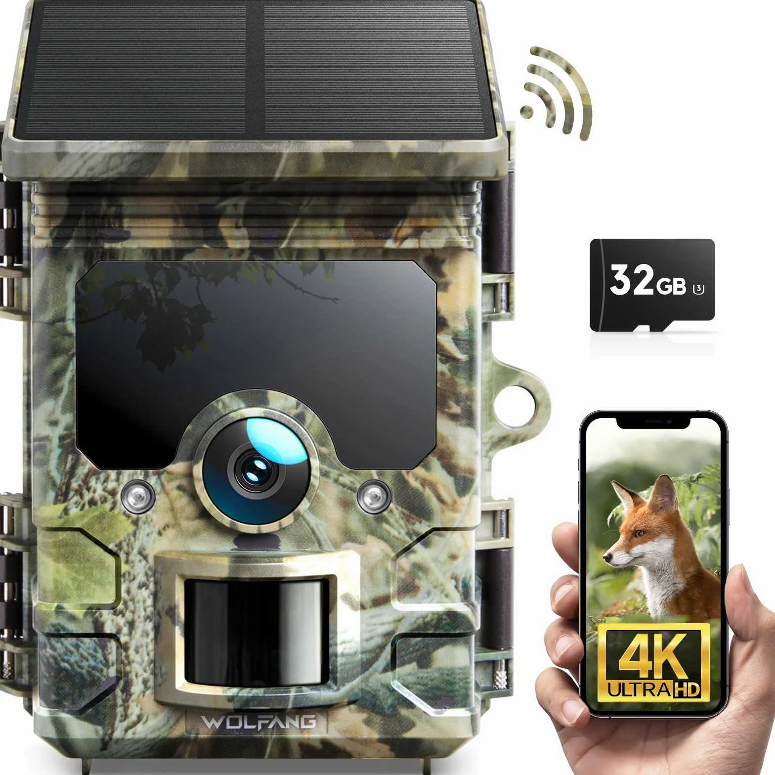 WOLFANG Solarna kamera do dzikiej przyrody, 4K, 46 MP, WiFi Bluetooth z noktowizorem, aktywowana ruchem, czas wyzwalania 0,1 s, wodoodporna kamera IP66, do monitorowania dzikiej przyrody, z kartą