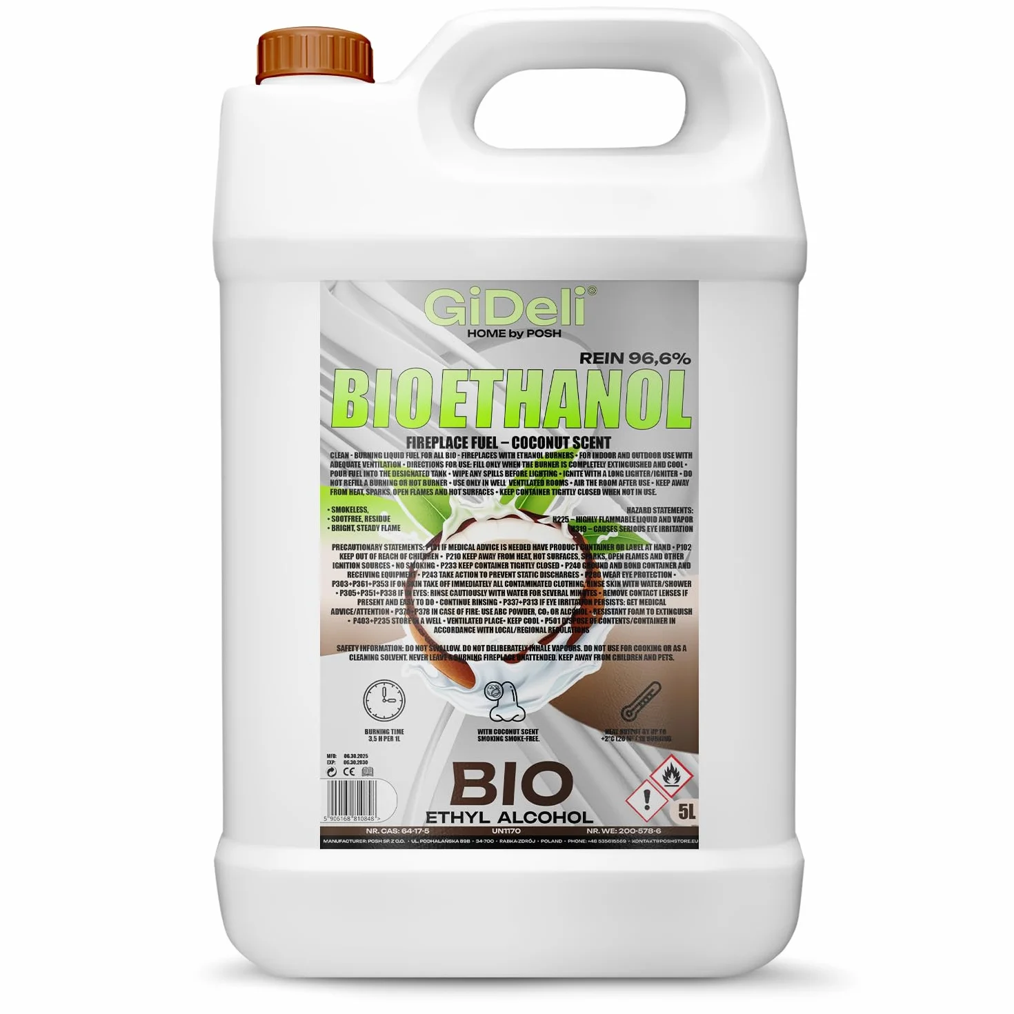 GiDeli bioetanol 5 l zapach kokosowy 96,6% etanol do kominków wewnętrznych i zewnętrznych
