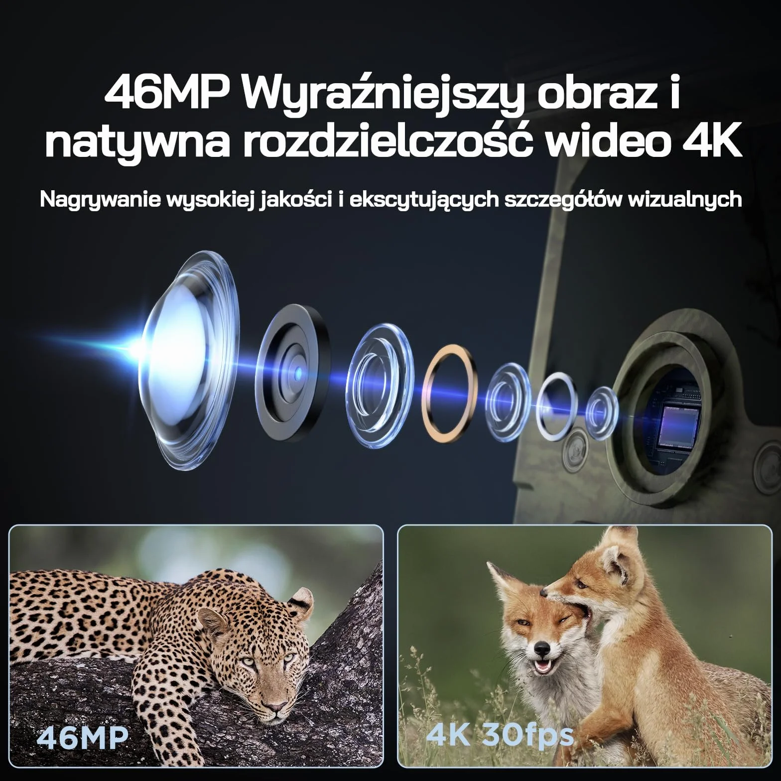 WOLFANG Solarna kamera do dzikiej przyrody, 4K, 46 MP, WiFi Bluetooth z noktowizorem, aktywowana ruchem, czas wyzwalania 0,1 s, wodoodporna kamera IP66, do monitorowania dzikiej przyrody, z kartą