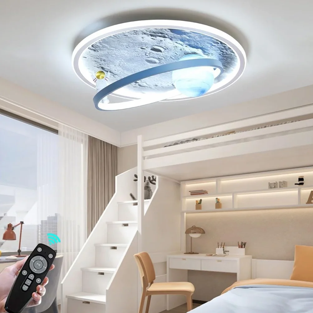 Led Lampa Sufitowa Ściemnialna Akrylowy Klosz Księżyc Astronauta Sypialnia Z Pilotem Salon Lampa Wisząca B