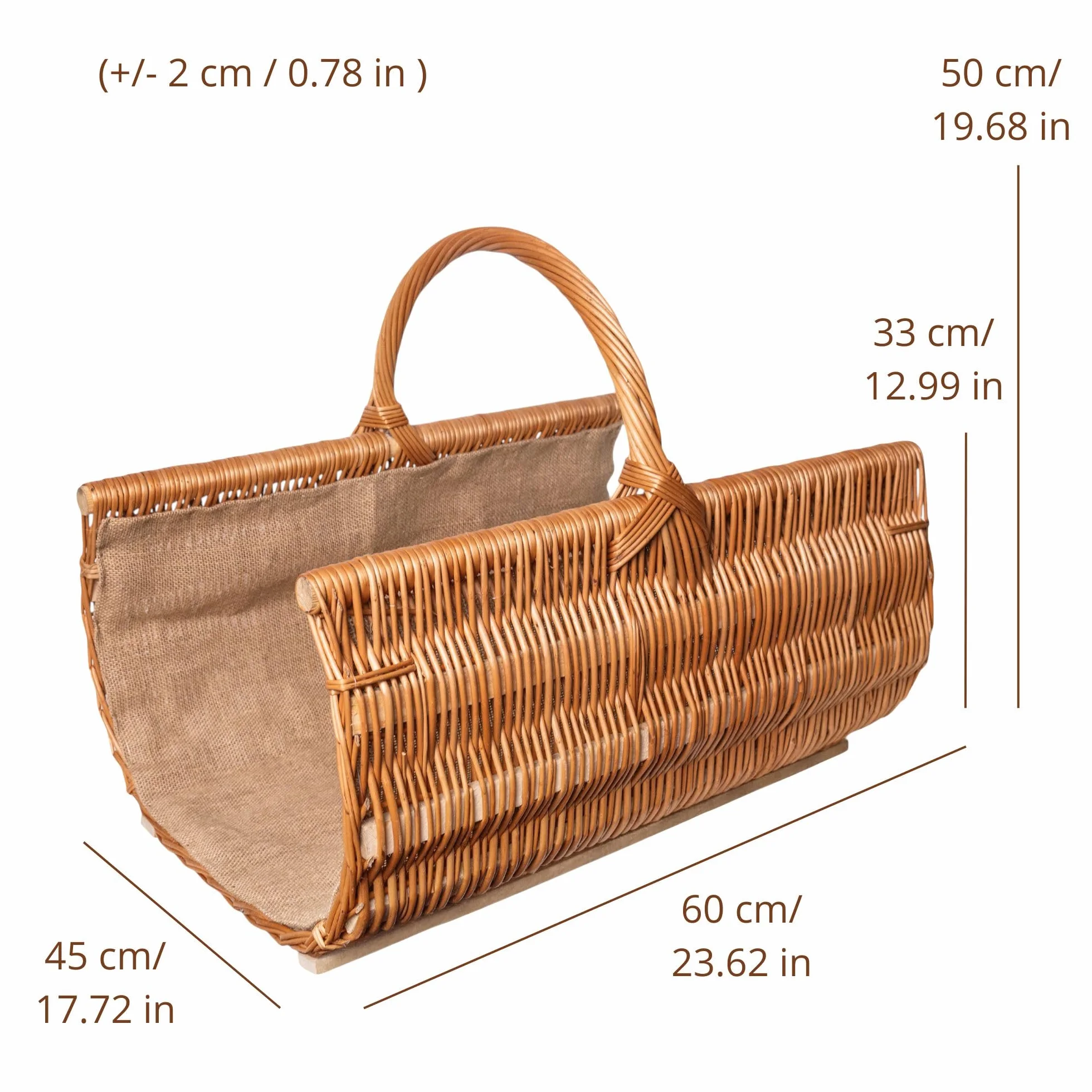 Creative Home Kosz Wiklinowy do Przechowywania Drewna Kominkowego z Uchwytem Obszyty Jutą | 60x45x50cm (+/-2cm) Duży Zaokrąglony Owalny | Ręcznie Pleciony Trwały | Naturalny Brązowy | Wielofunkcyjny