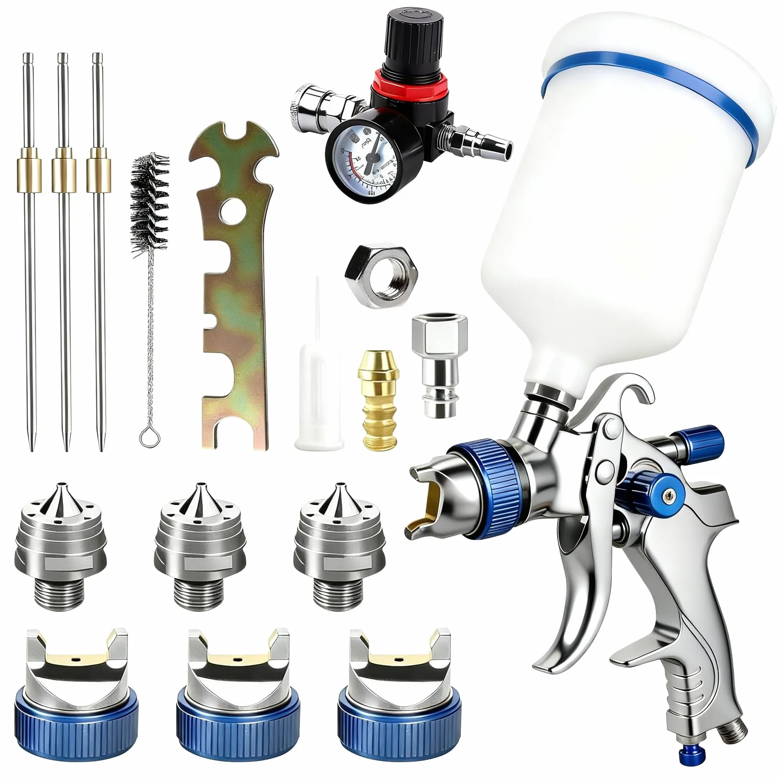 HVLP pistolet natryskowy z 3 dyszami 1,4/1,7/2 mm, profesjonalny pistolet do lakierowania, sprężone powietrze z plastikowym kubkiem o pojemności 600 ml i regulatorem ciśnienia powietrza