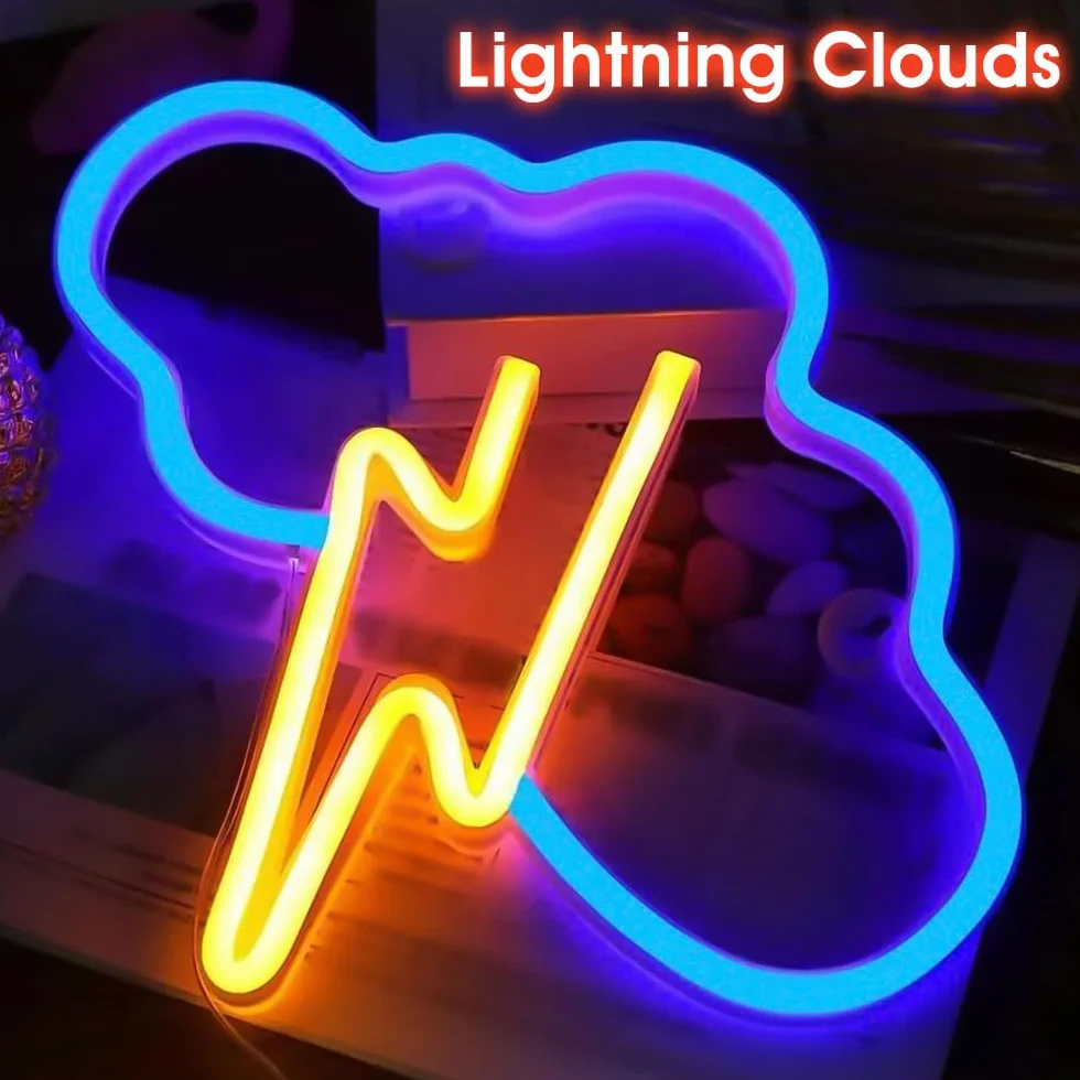 Foreverup Neonowy Znak Błyskawicy LED, Żółta Chmura Niebieski Neon, Światło do Salonu Pokoju Dziecięcego