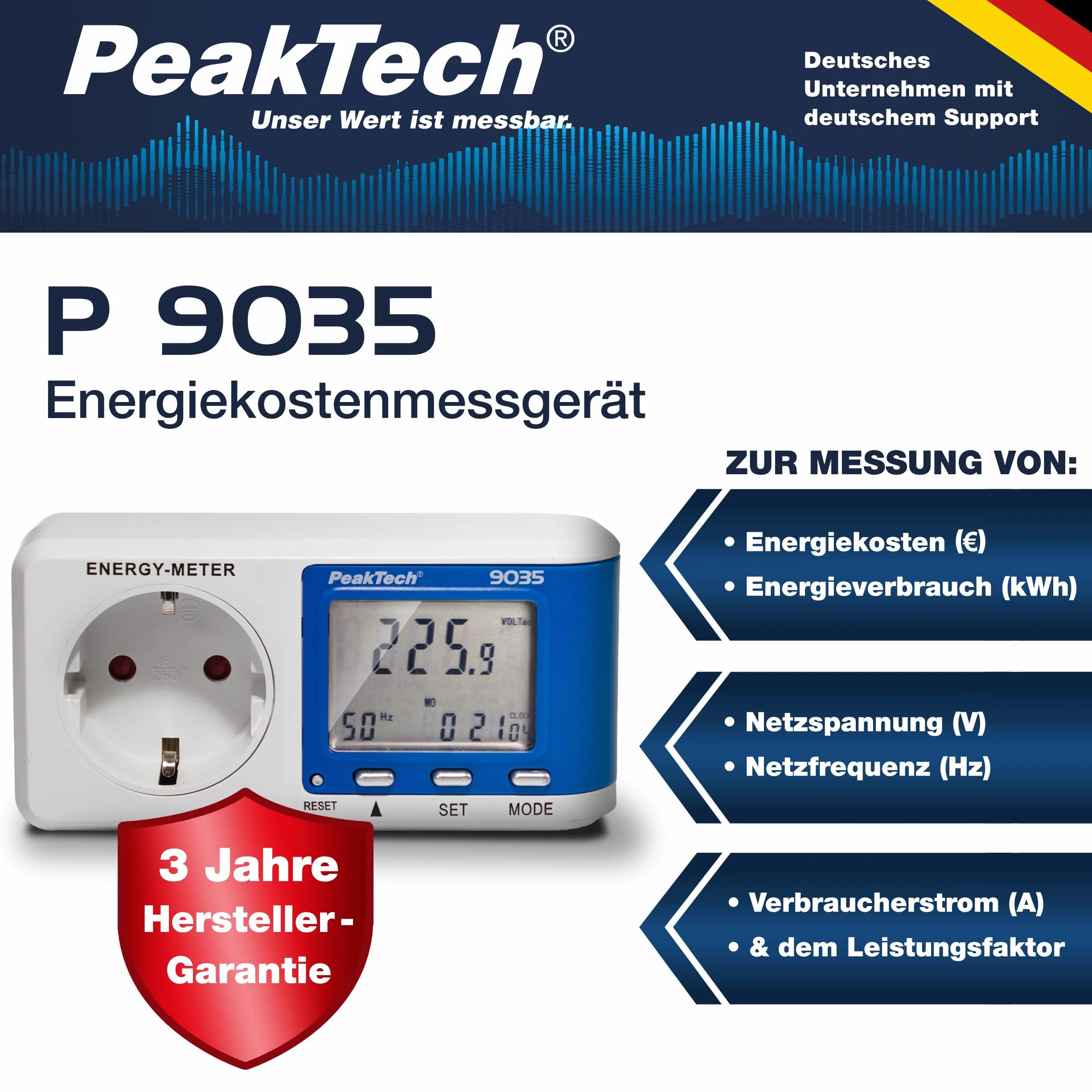 PeakTech P 9035 - Miernik kosztów energii ~ 0.005 A ... 16 000 A ~ 3680W ~ rozdzielczość 0.1W