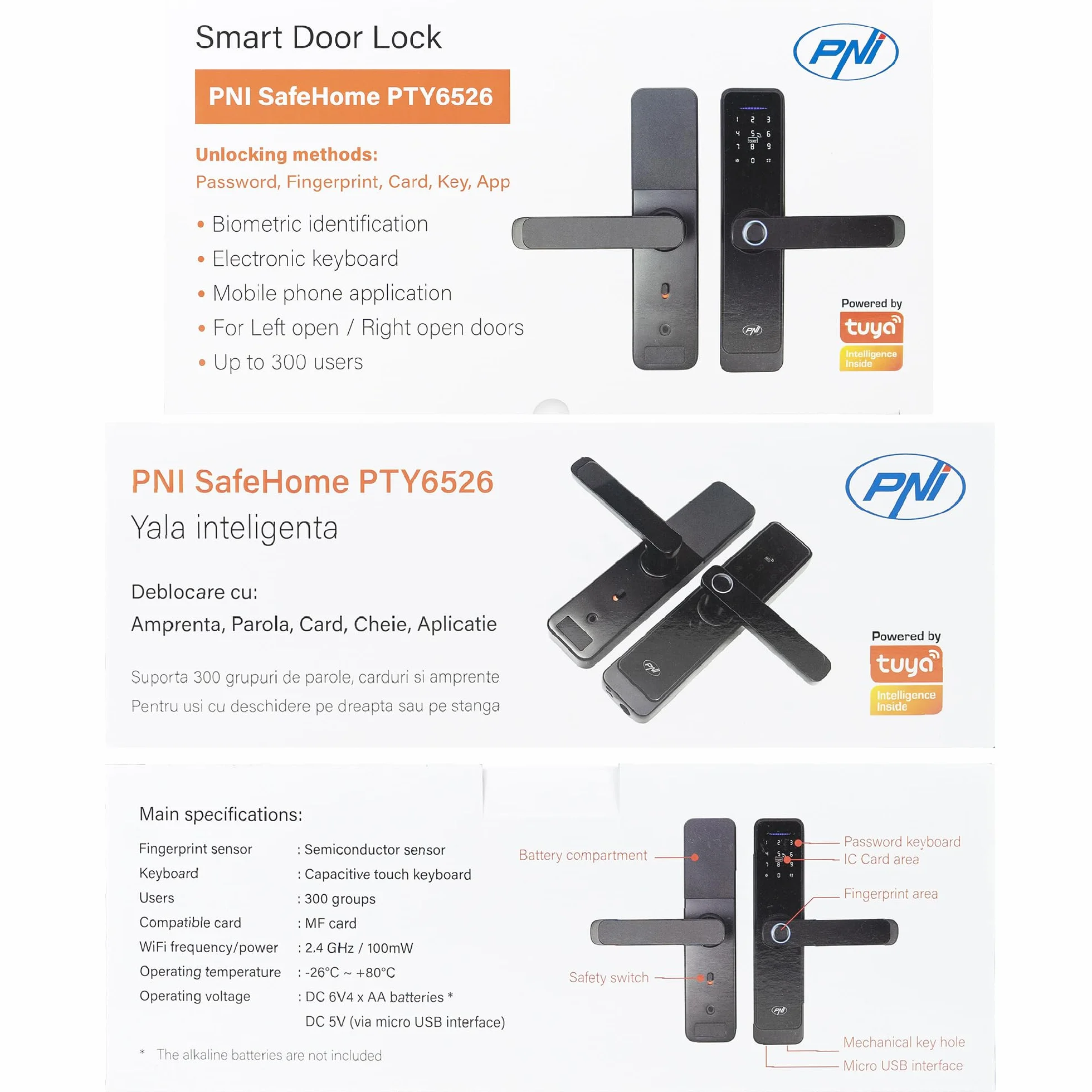 Smart Lock PNI SafeHome PTY6526, odcisk palca, kod, tag, aplikacja Tuya Smart