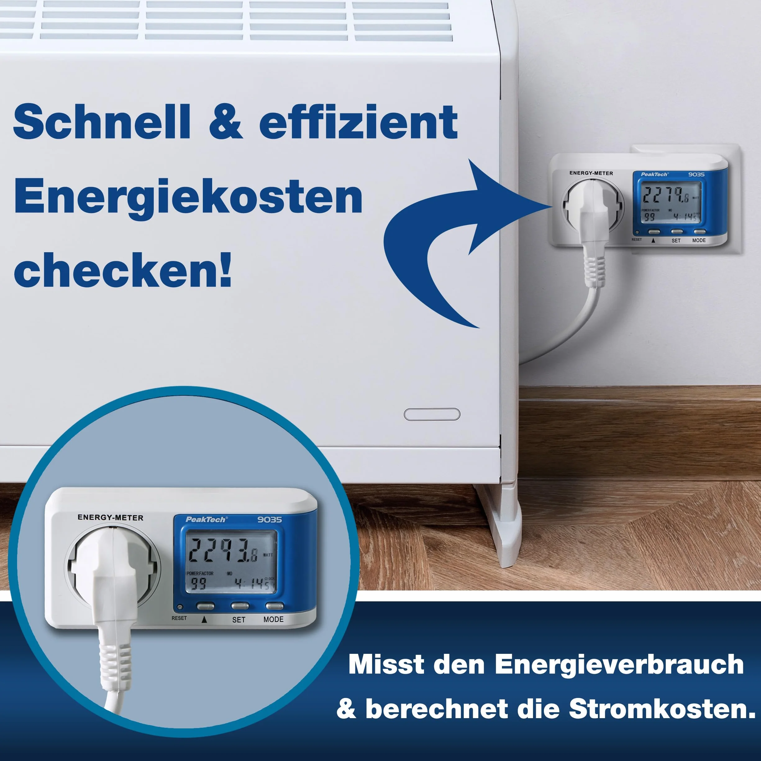 PeakTech P 9035 - Miernik kosztów energii ~ 0.005 A ... 16 000 A ~ 3680W ~ rozdzielczość 0.1W