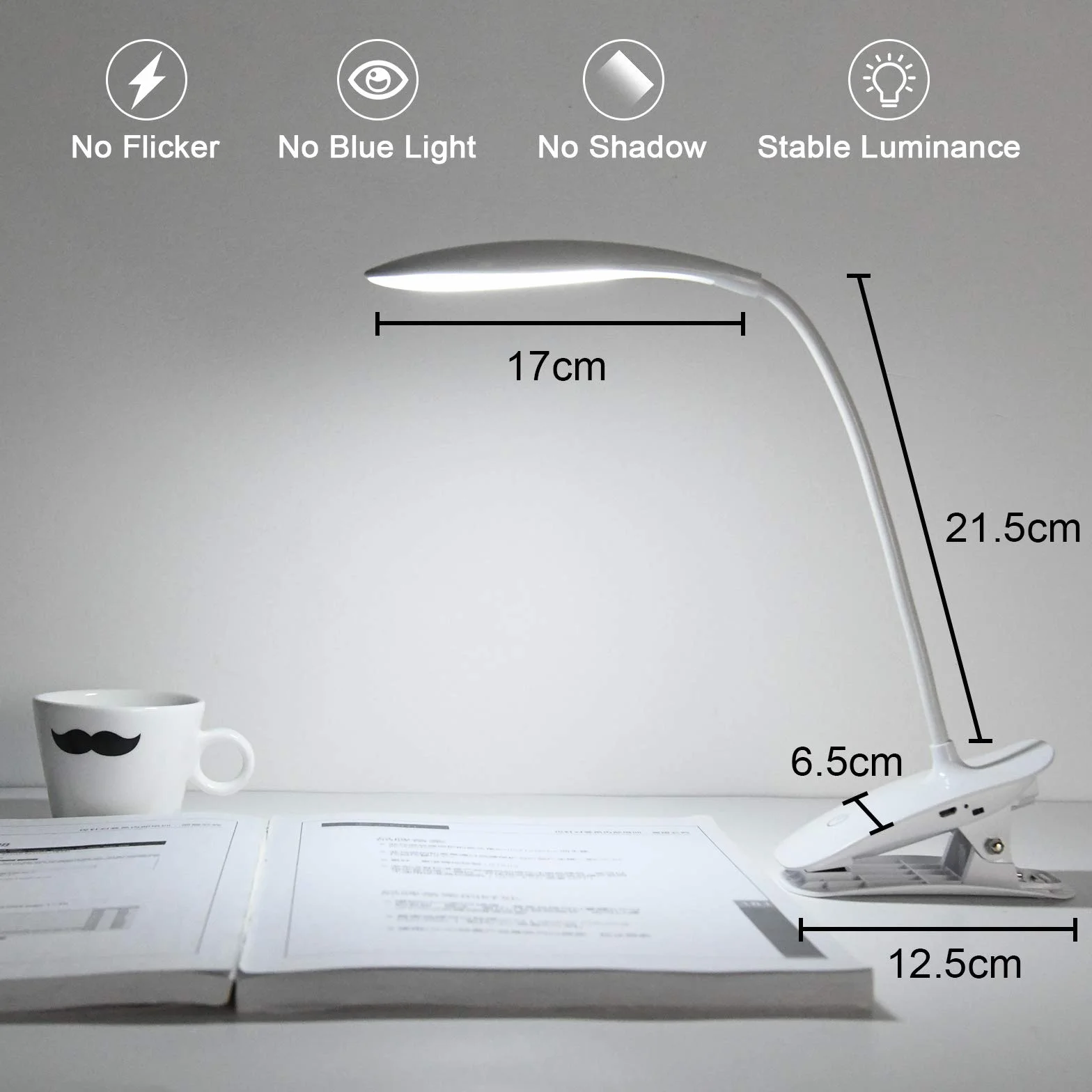 Lampa z klipsem LED 3 tryby świecenia USB sterowanie dotykowe lampka nocna biurkowa biała