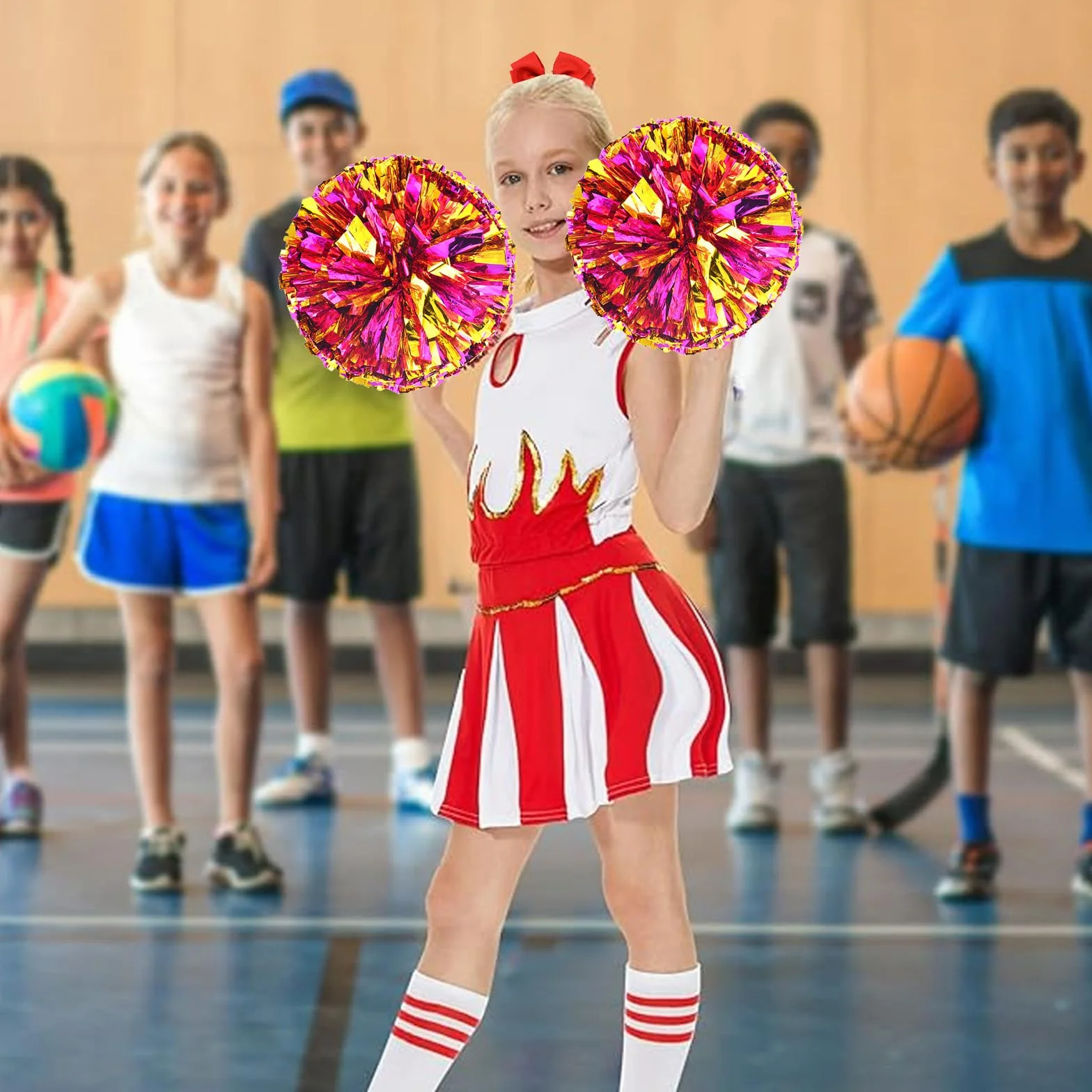 Wondora 2 x pompony cheerleaderki, czerwone pompony cheerleaderki, pompony cheerleaderki, z dużą kokardką, odpowiednie na zawody sportowe, duch zespołowy, cheerleaderki, dla dzieci i dorosłych (różowe