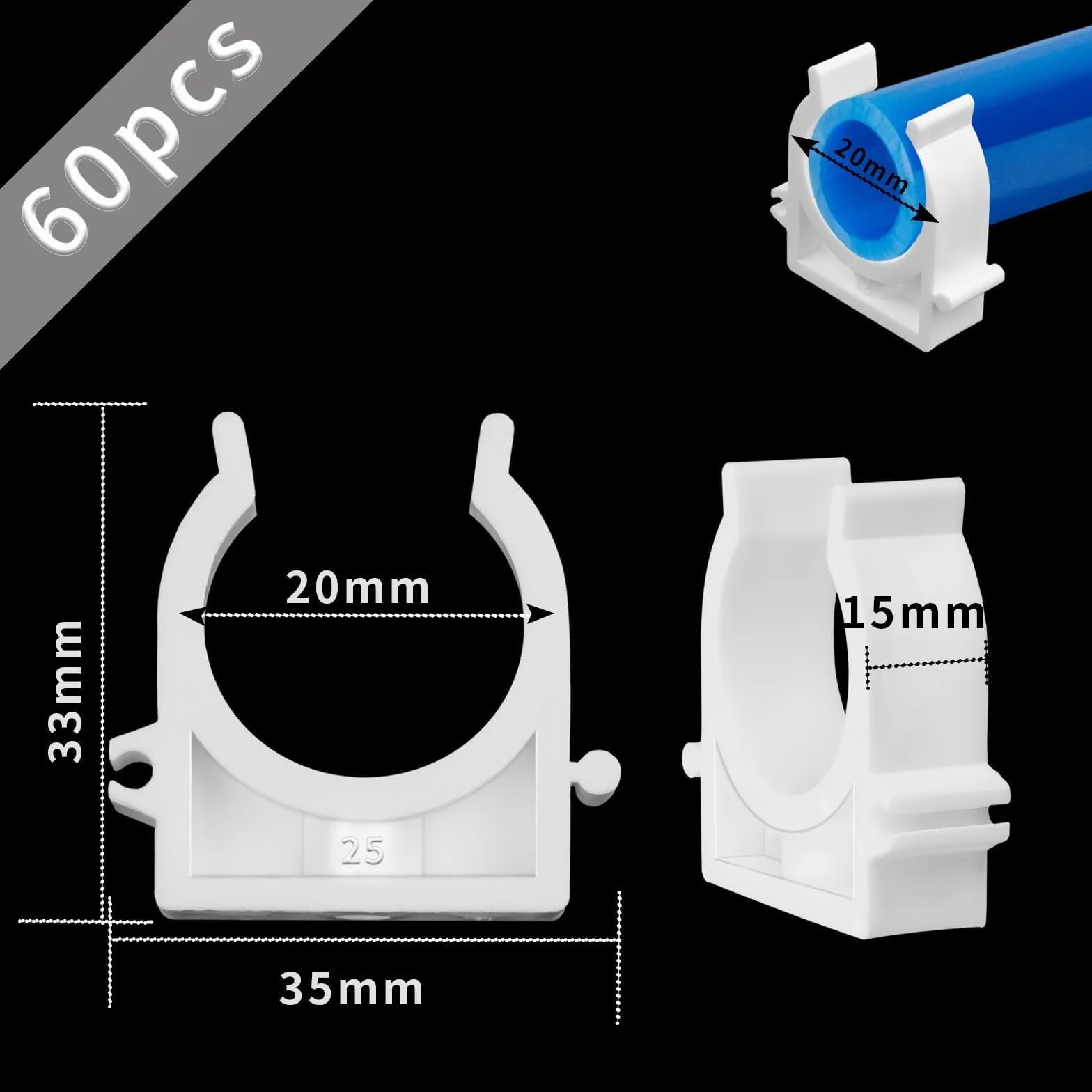 Obejmy zaciskowe 20 mm PP 60 sztuk do rur białe