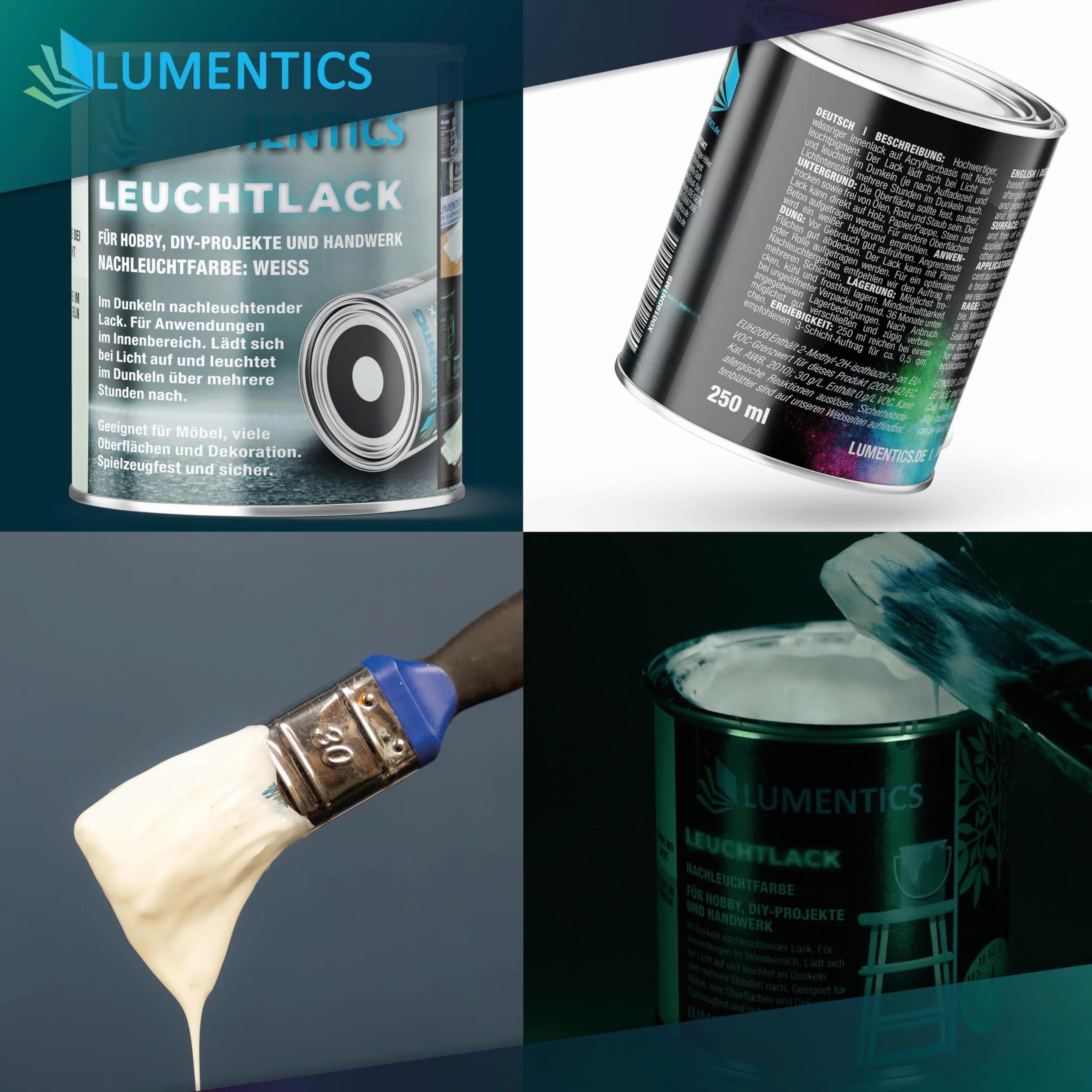 LUMENTICS Biały lakier podświetlający, 250 ml, kolor świecący w ciemności, na bazie akrylu, fluorescencyjny, do wielokrotnego napełniania, bezzapachowy