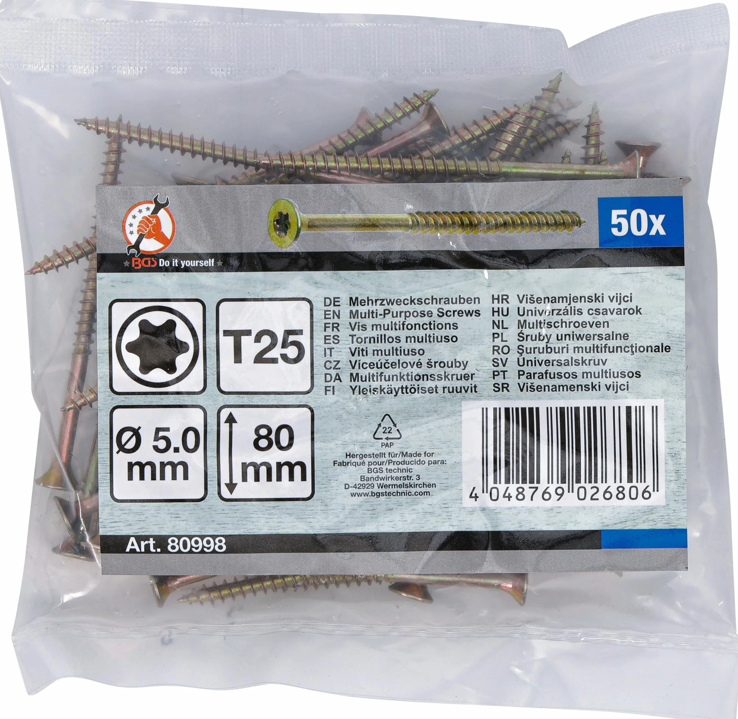 BGS Diy 80998 | Śruby uniwersalne | profil T (do Torx) T25 | 5,0 x 80 mm | 50 szt.