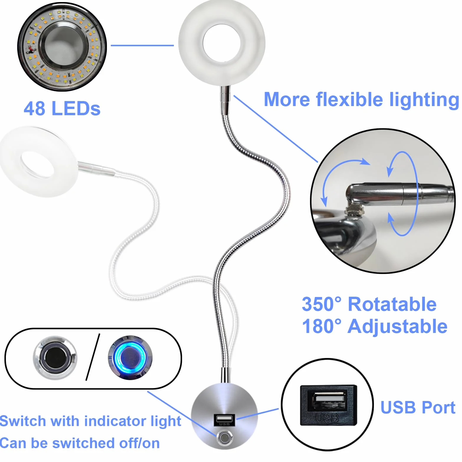 VOMI Lampka do czytania LED ścienna dotykowa ściemniana 360° 5W USB