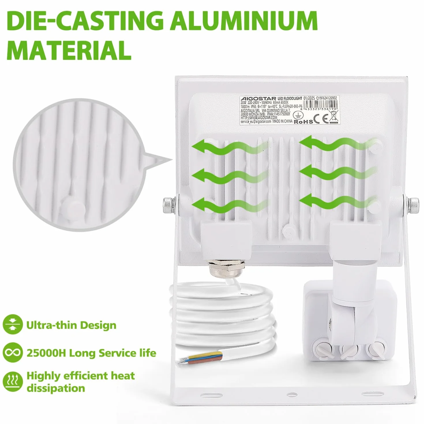 Aigostar Naświetlacz LED z Czujnikiem Ruchu 20W 6500K 1800lm