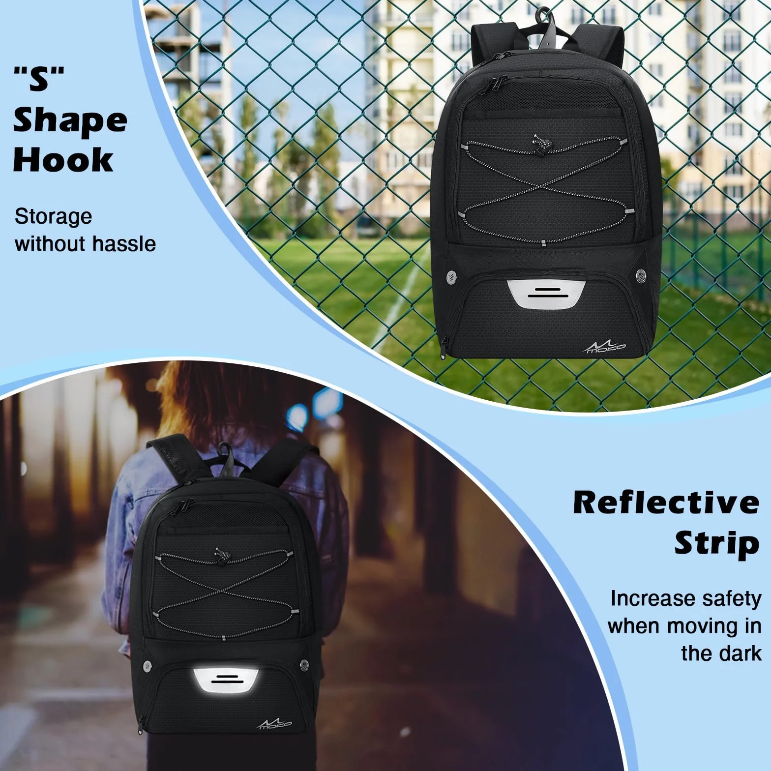 MoKo Basketball Bag Backpack, Football Backpack with Separate Ventilated Shoes & Ball Compartments, Water-Resistant, Black, 18.90 x 13.39 x 8.27 inches