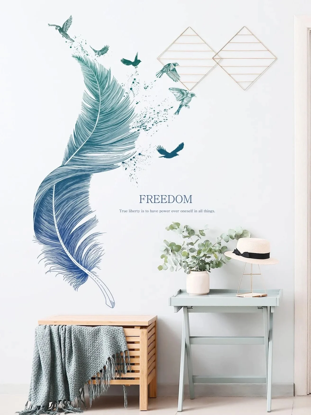 WandSticker4U® - Naklejka na ścianę pióro niebieski 124 × 72 cm, tatuaż ścienny, nowoczesny ptak