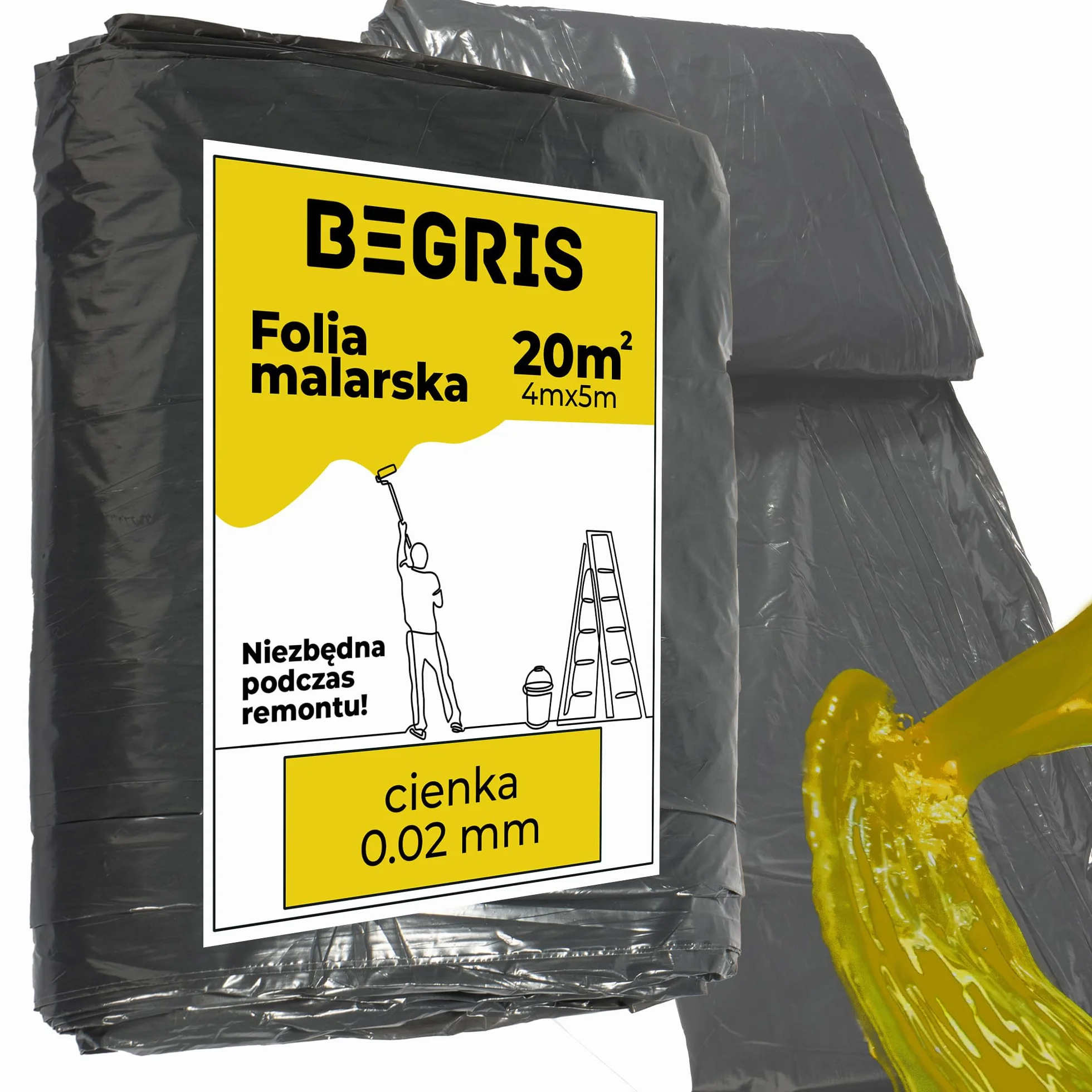 Folia Malarska Gruba 0.02mm Na Meble, Podłogi, Okna Ochronna Plandeka do Malowania 4x5m Wytrzymała Folia Osłonowa Powierzchni Podczas Malowania i Remontu Folia Ochronna Czarna