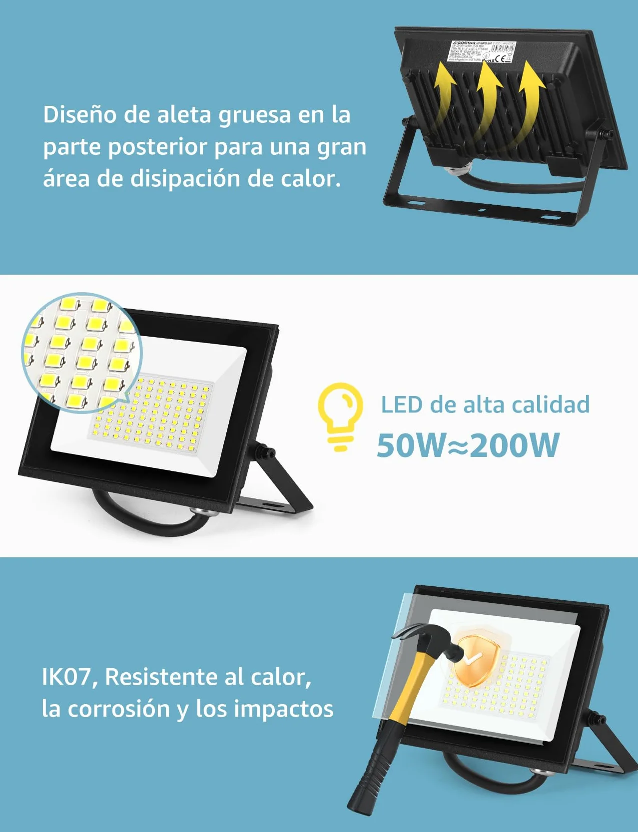 ãAigostar Projecteur LED Extérieur 50W 4300lm Projecteur Exterieur LED Blanc Froid 6500K IP65 Imperméable pour Jardin,Patio,Cour,GarageÓ