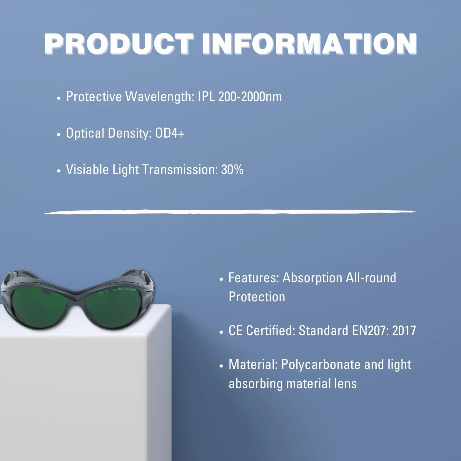 MCWlaser Okulary ochronne do terapii światłem czerwonym i niebieskim LED, UV400, 200-2000 nm, IPL, laserowe