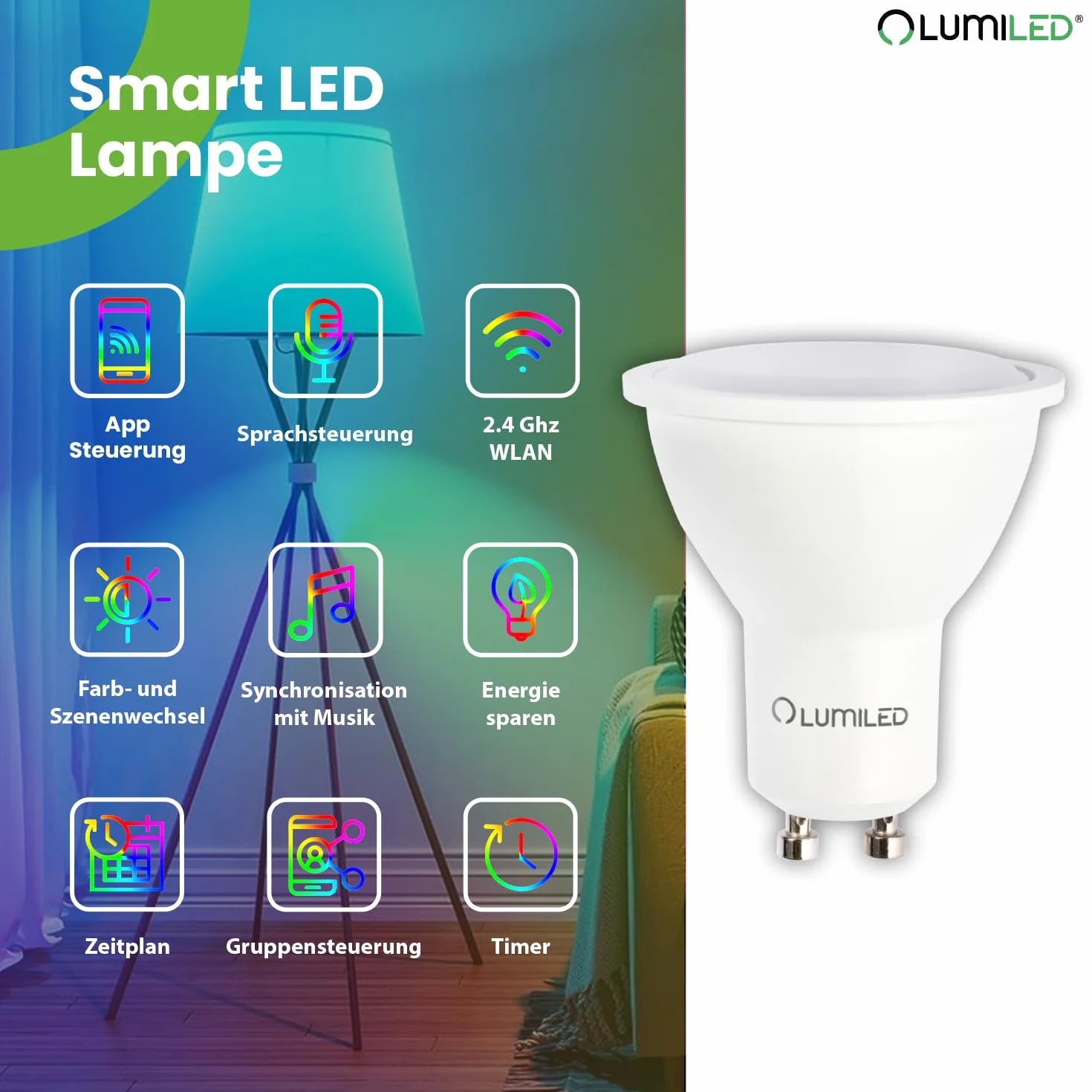 Lumiled Smart SAYO PAR16 Lampa LED GU10 5W 450lm Wi-Fi RGBW ściemniana 16 mln kolorów