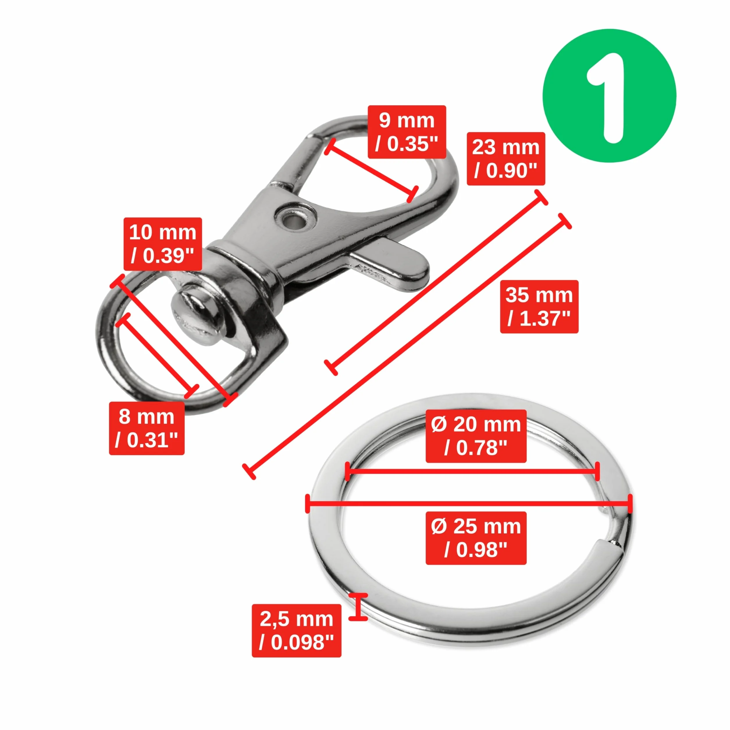 Breloczek z karabińczykiem z D-ringiem 10 mm, kółko do kluczy 25 mm, metalowe kółko obracane 360°, 24 sztuki