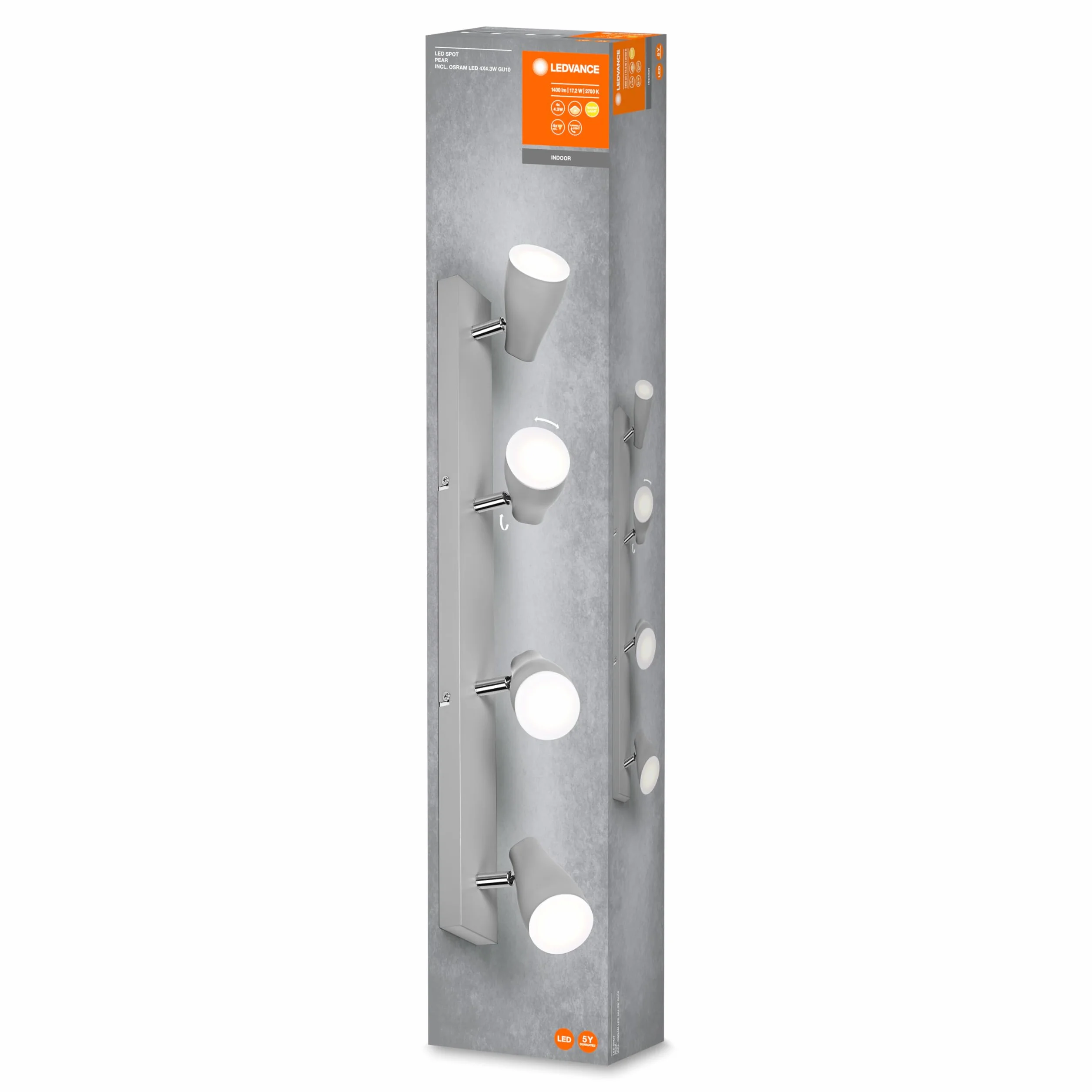 LEDVANCE LED Punktowe Plamki Gruszki 600 mm, Szary, 17.2 W, 840 LM, Oferuje Ukierunkowane Światło o Ciepłym Białym Jasnym Kolorze, z Elastycznymi Reflektorami Gu10, Klasa Ochrony Ip20, 2700K