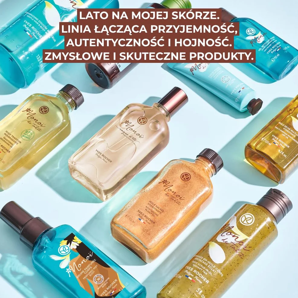 Yves Rocher Rozświetlający olejek do ciała Monoi – nawilżający olejek z Tahiti z drobinkami perły – satynowy połysk i złocista skóra – naturalna formuła, zapach lata – do ciała i włosów – 100 ml