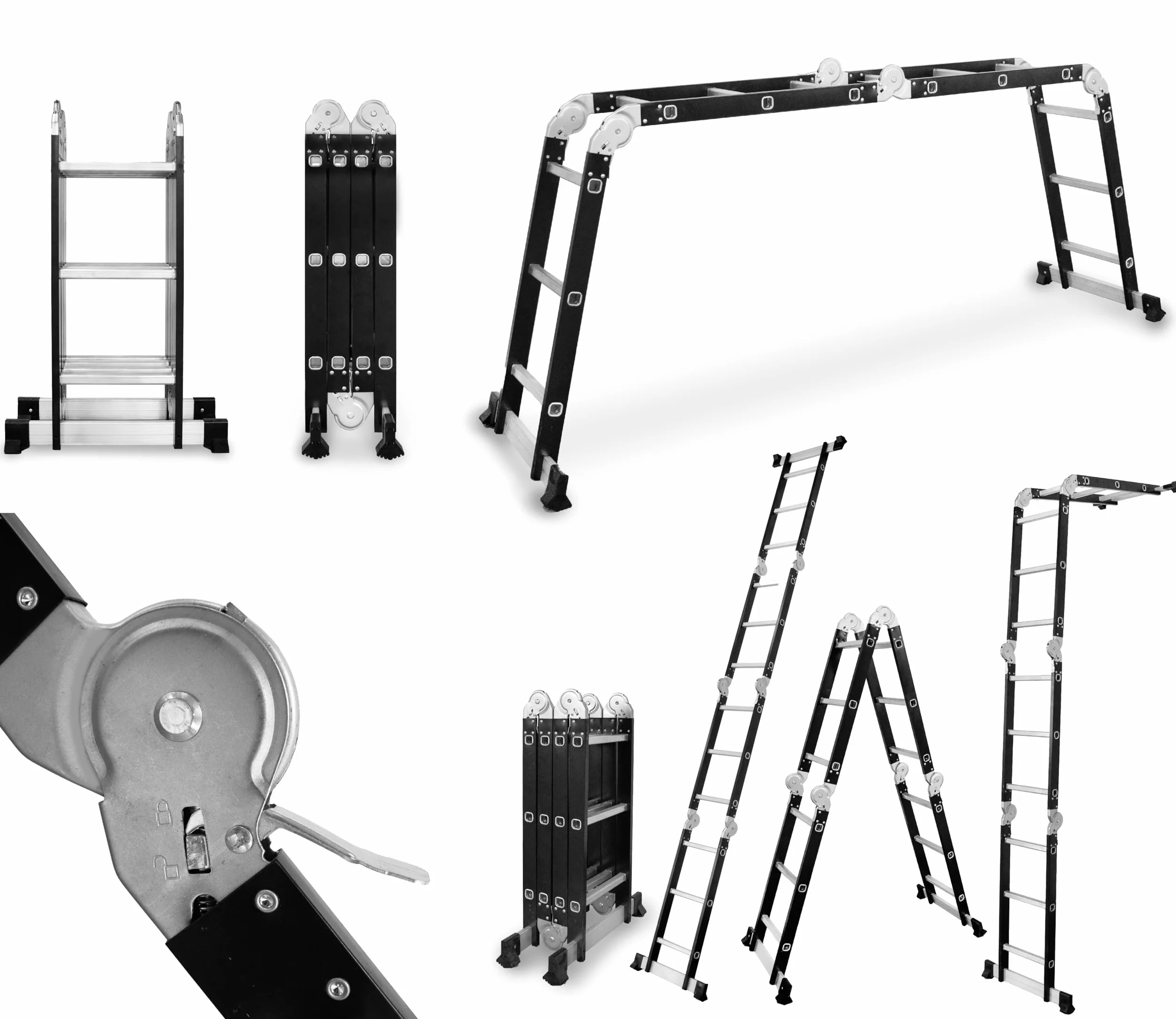 DRABEST Drabina uniwersalna wielofunkcyjna przegubowa składana 4x3 stopnie – Solidna konstrukcja – Aluminium + stal – Maksymalne obciążenie 125 kg – 0,32 x 0,98 x 0,25 m